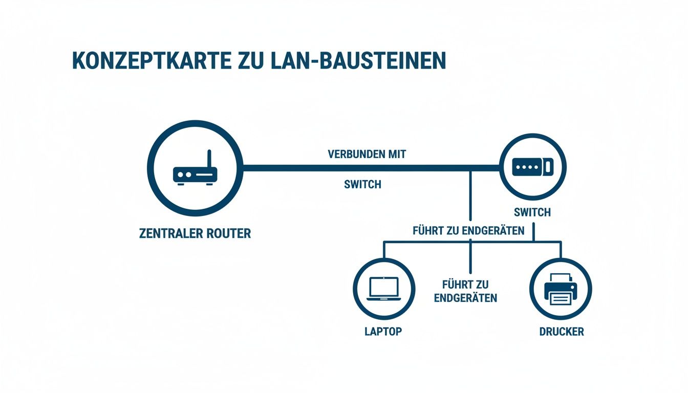 Konzeptkarte zeigt eine LAN-Struktur mit zentralem Router, der über einen Switch mit Laptop und Drucker verbunden ist.