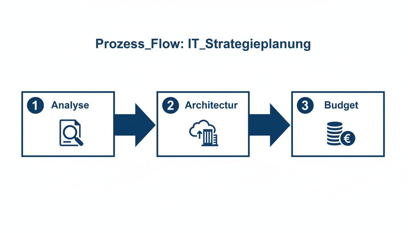 Flussdiagramm zur IT-Strategieplanung mit den Schritten Analyse, Architektur und Budget, inklusive passender Symbole.