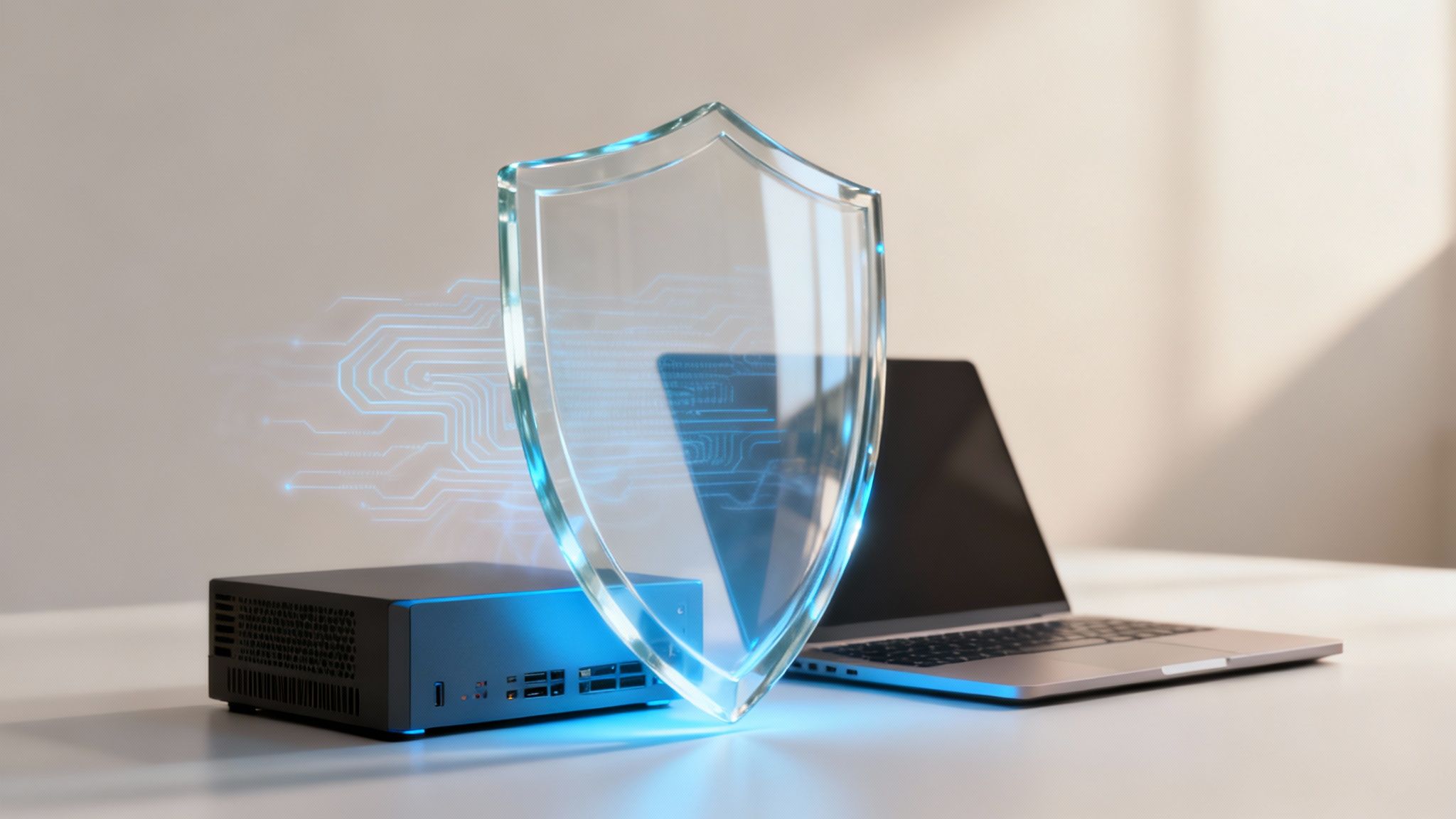 Digitale Sicherheit: Ein leuchtender Schild schützt einen Mini-PC und Laptop auf einem Schreibtisch.