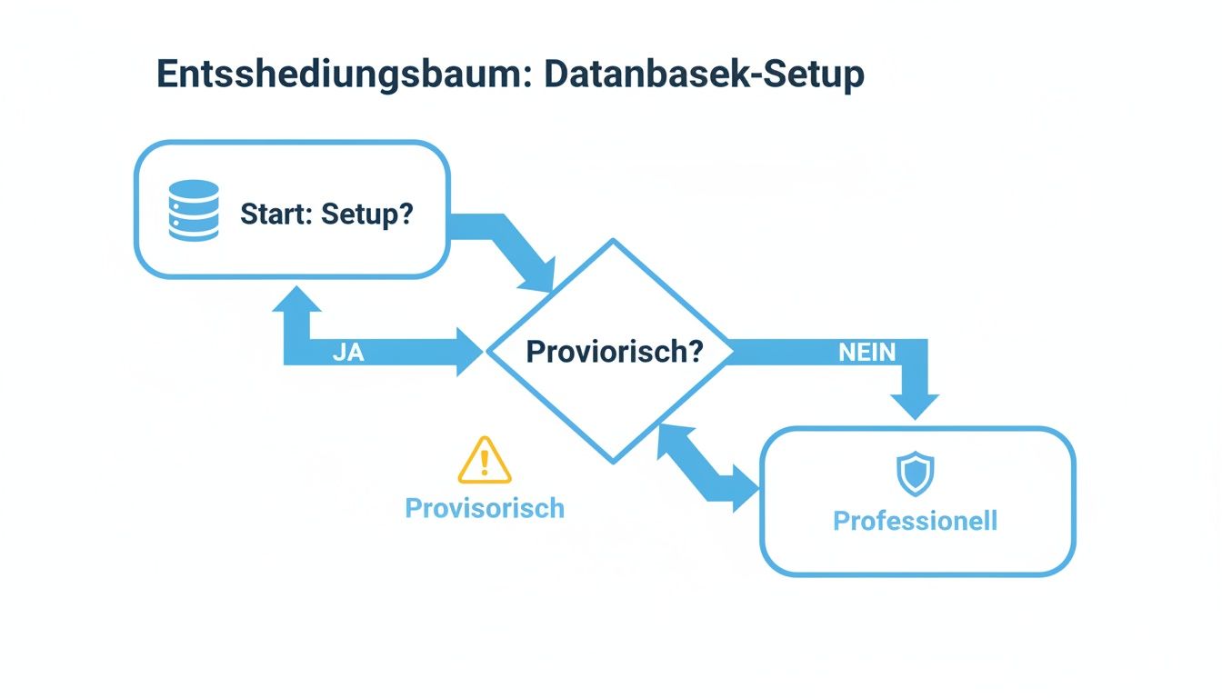 Entscheidungsbaum zur Datenbank-Einrichtung: Start, Entscheidung Provisorisch? Ja zurück zum Start, Nein zu Professionell.