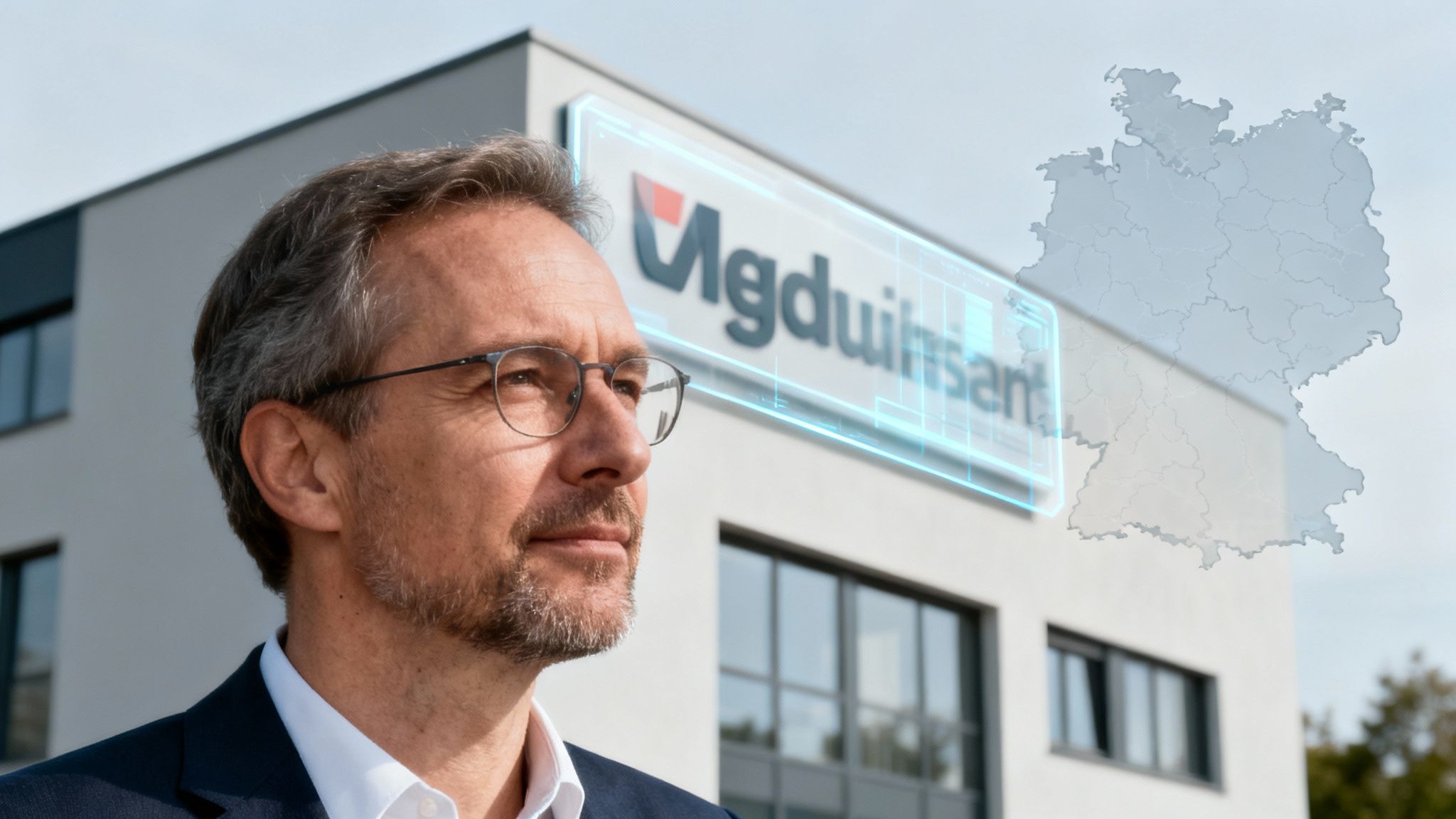 Ein Geschäftsmann blickt nachdenklich vor einem modernen Gebäude mit dem Logo 'Mgduinsant' und einer Deutschlandkarte.