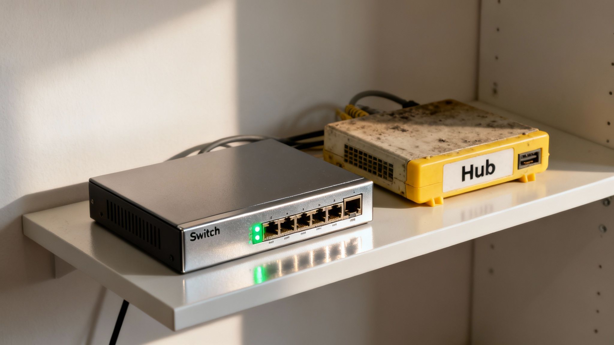 Ein silberner Netzwerk-Switch mit grünem Licht und ein alter, schmutziger gelber Hub stehen auf einem weißen Regal.