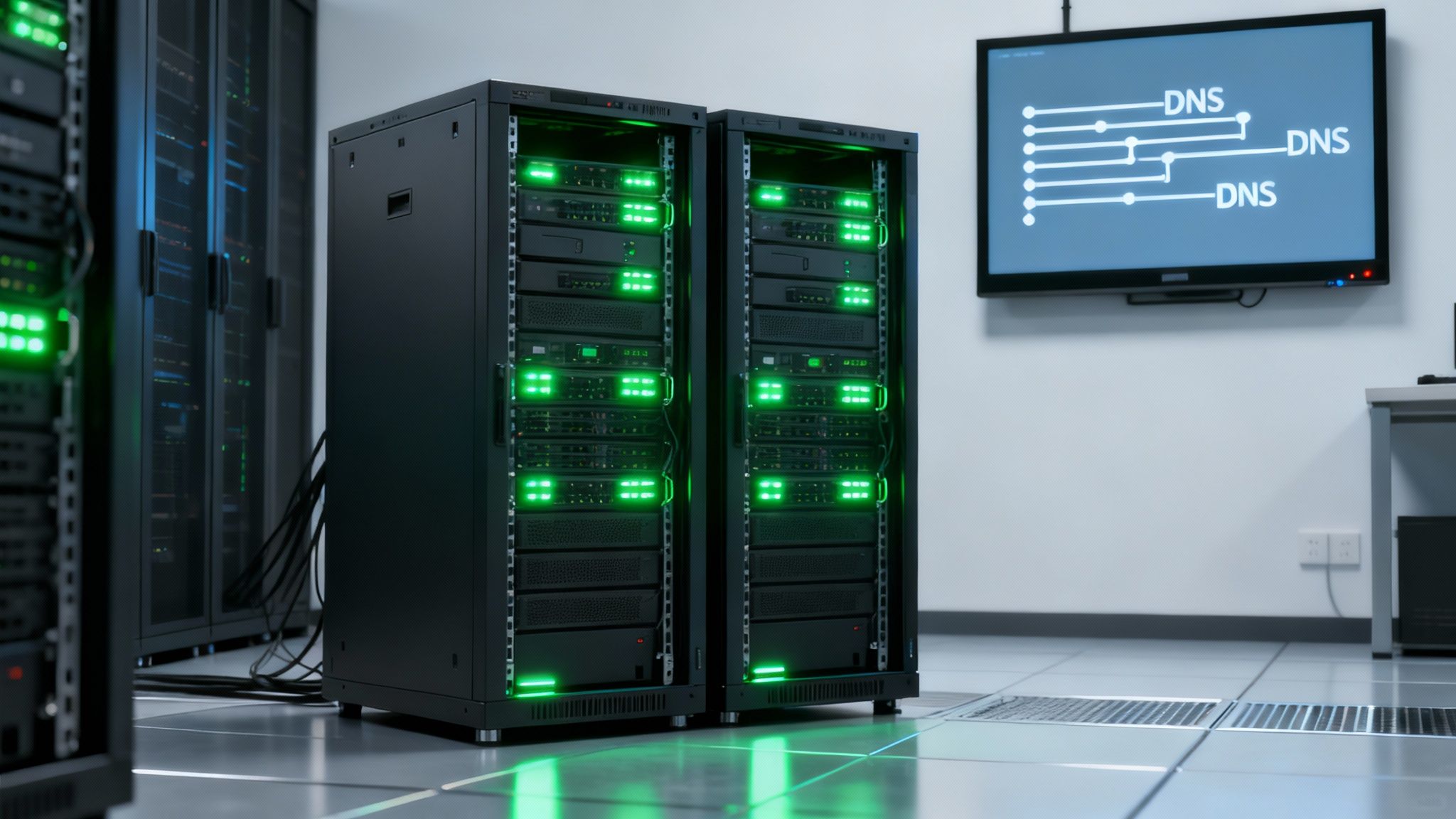 Ein Serverraum mit mehreren vernetzten Geräten, die eine redundante IT-Infrastruktur symbolisieren.