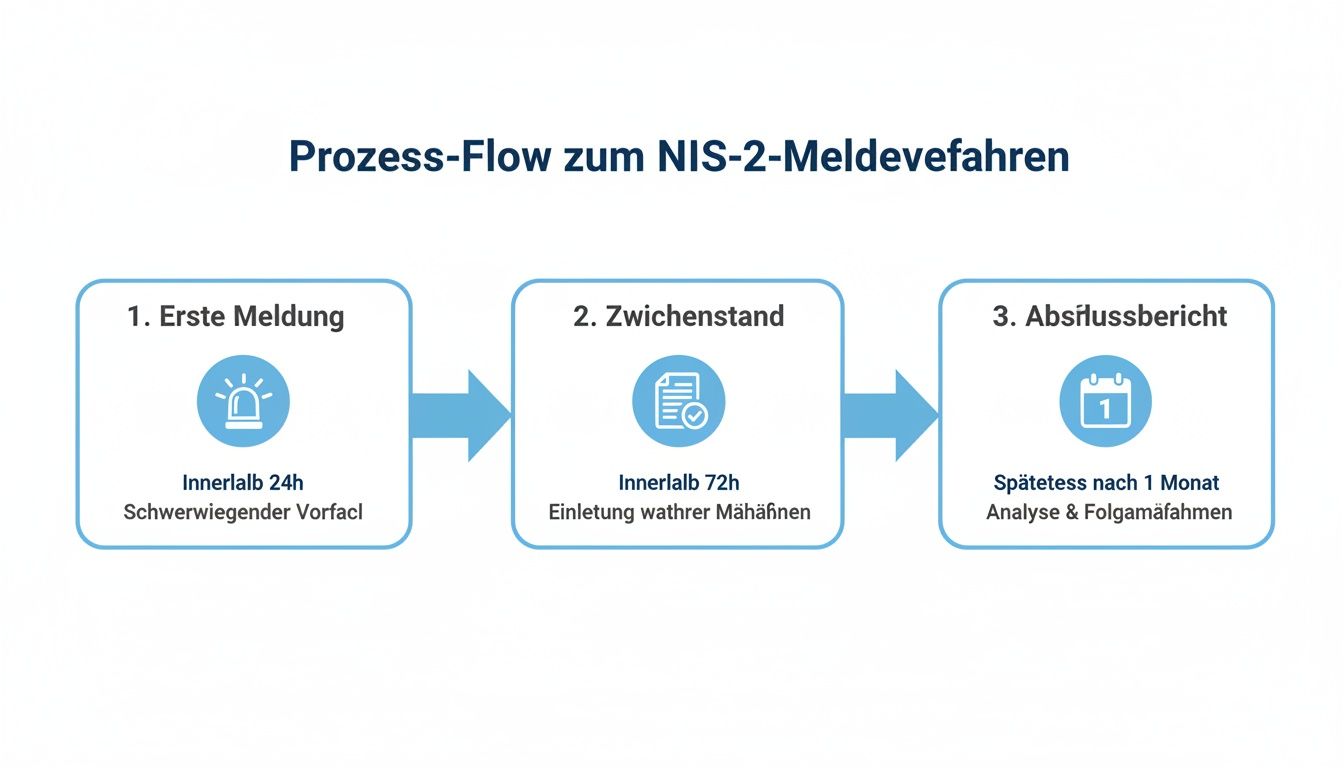 Prozess-Flow zum NIS-2-Meldeverfahren mit Schritten: Erste Meldung, Zwischenstand und Abschlussbericht mit Zeitangaben.