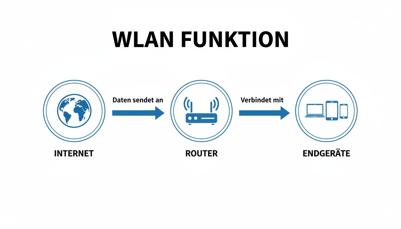 Diagramm zeigt die WLAN-Funktion: Internet sendet Daten an Router, der mit Endgeräten wie Laptop und Smartphones verbindet.