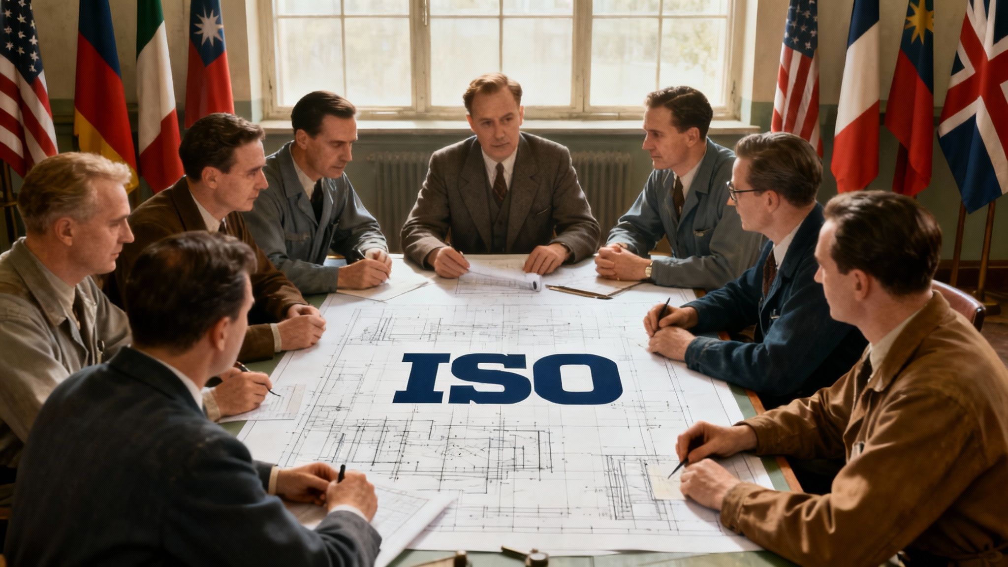 Ein historisches Schwarz-Weiß-Bild, das eine frühe internationale Konferenz zur Normung zeigt.