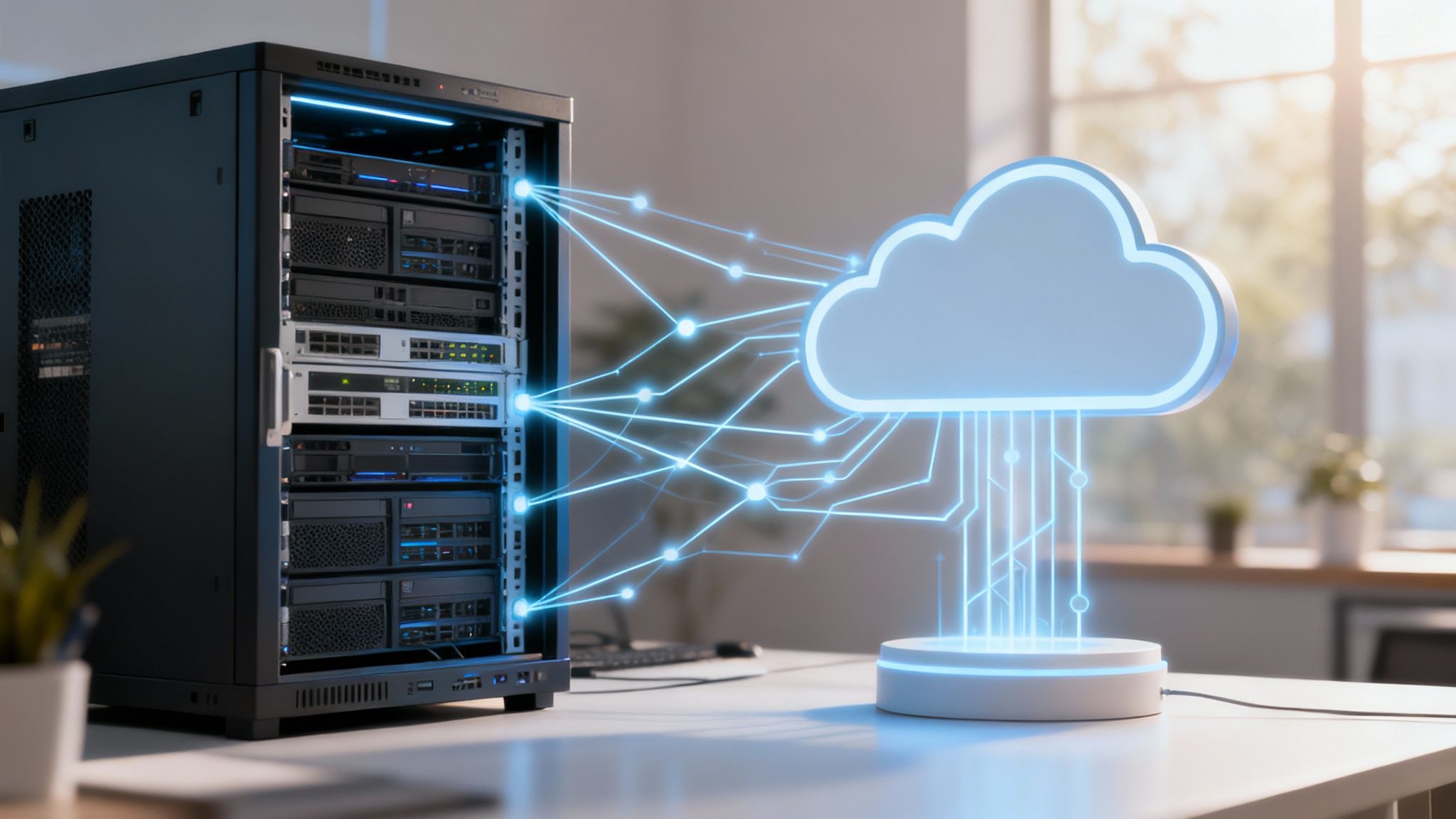 Eine stilisierte Wolke mit verbundenen Netzwerkknoten, die die Zukunft der Domänenverwaltung in der Cloud darstellt