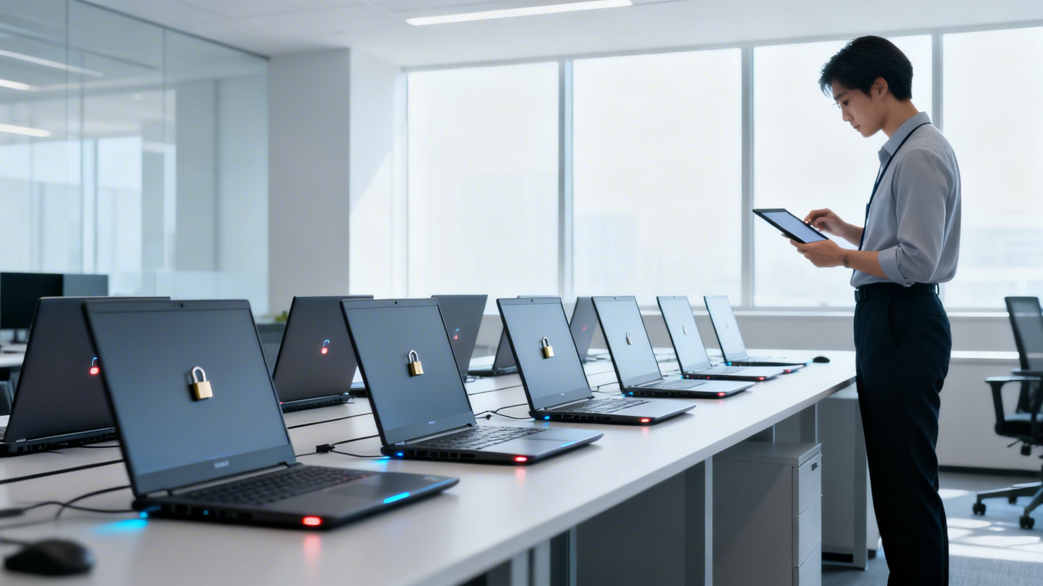 Ein Mann steht in einem modernen Büro und bedient ein Tablet, während Laptops mit Sperrsymbolen auf einem Tisch stehen.