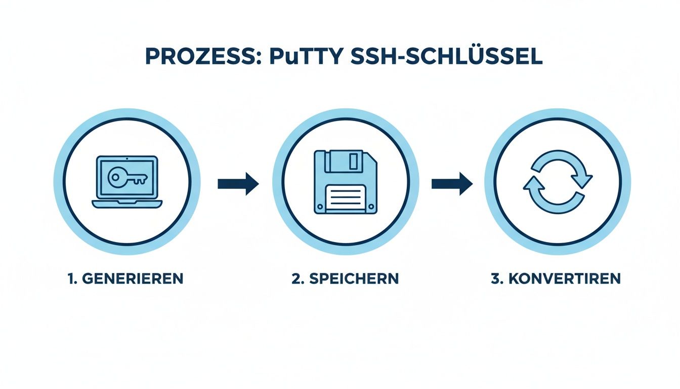 Prozess zur Erstellung und Verwaltung von PuTTY SSH-Schlüsseln, inklusive Generieren, Speichern und Konvertieren.