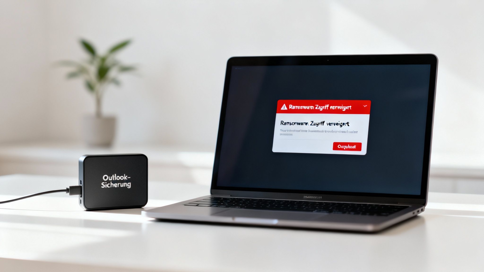 Ein Laptop zeigt eine Ransomware-Warnung an, daneben liegt ein schwarzes Gerät für die Outlook-Sicherung.
