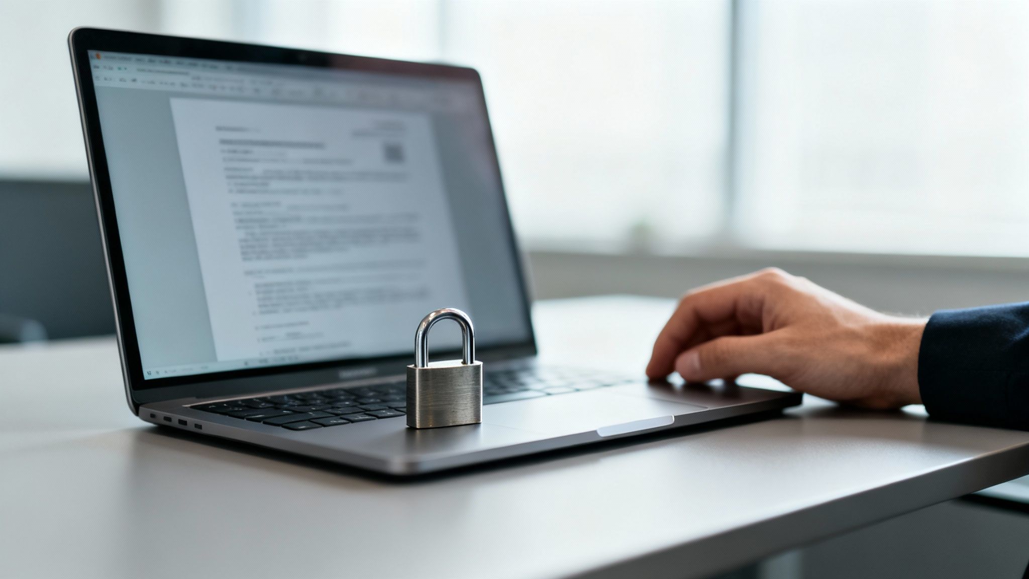 Laptop mit geöffnetem Dokument und einem Vorhängeschloss auf der Tastatur. Eine Hand ruht daneben, symbolisiert Datenschutz.