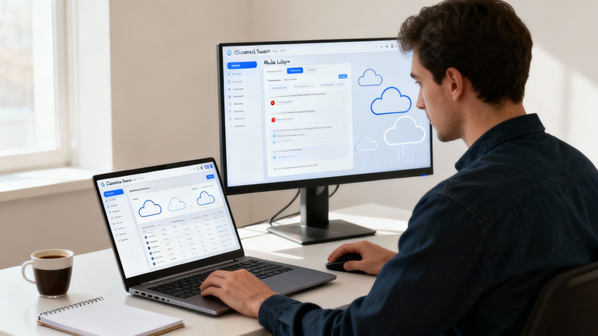 Mann arbeitet am Schreibtisch mit Laptop und Monitor, auf beiden Bildschirmen ist eine Cloud-Sicherheitsmanagement-Oberfläche zu sehen.