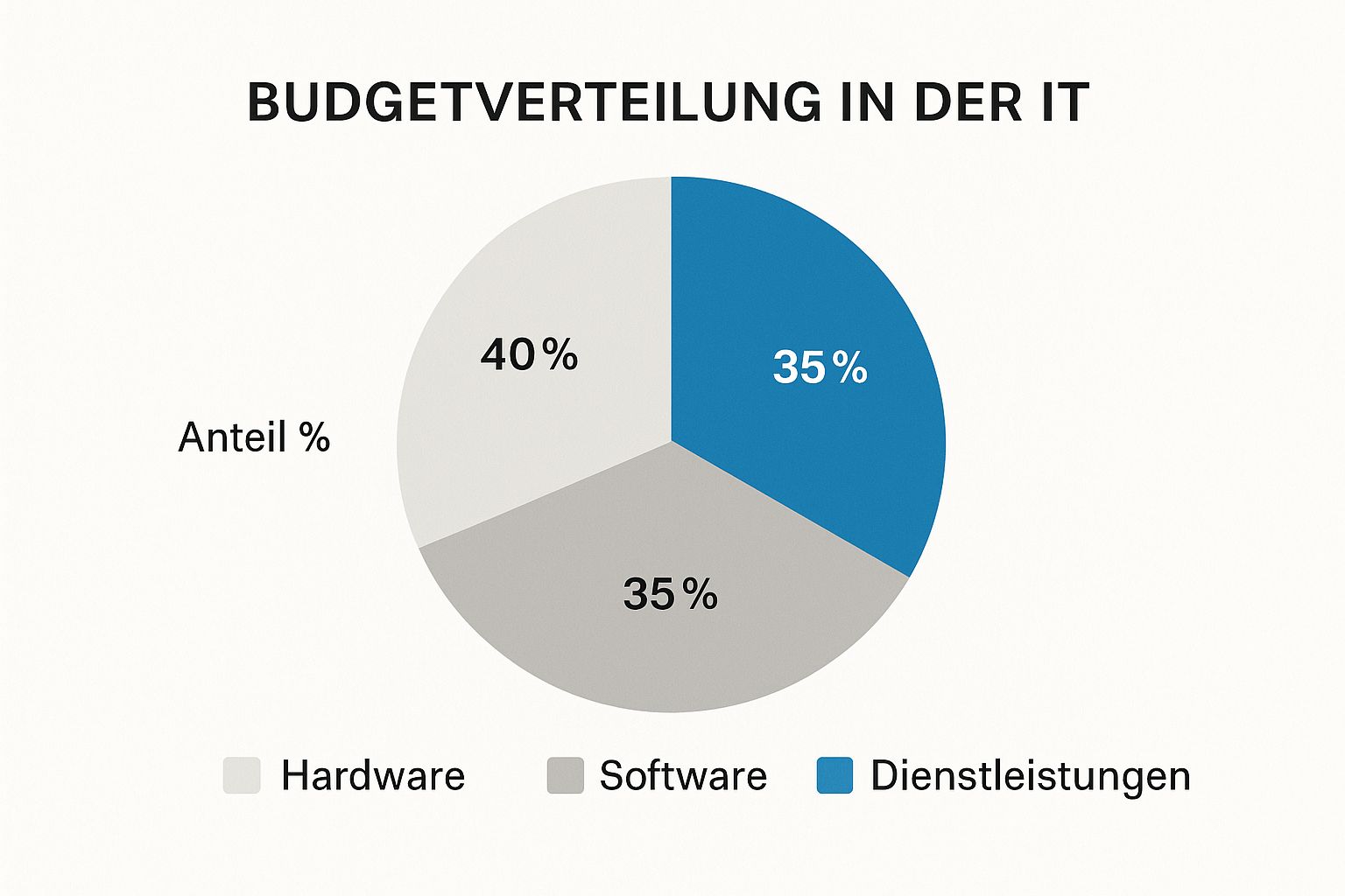 Infografik zeigt eine prozentuale Verteilung des IT-Budgets: 40 % für Hardware, 35 % für Software und 25 % für IT-Dienstleistungen.