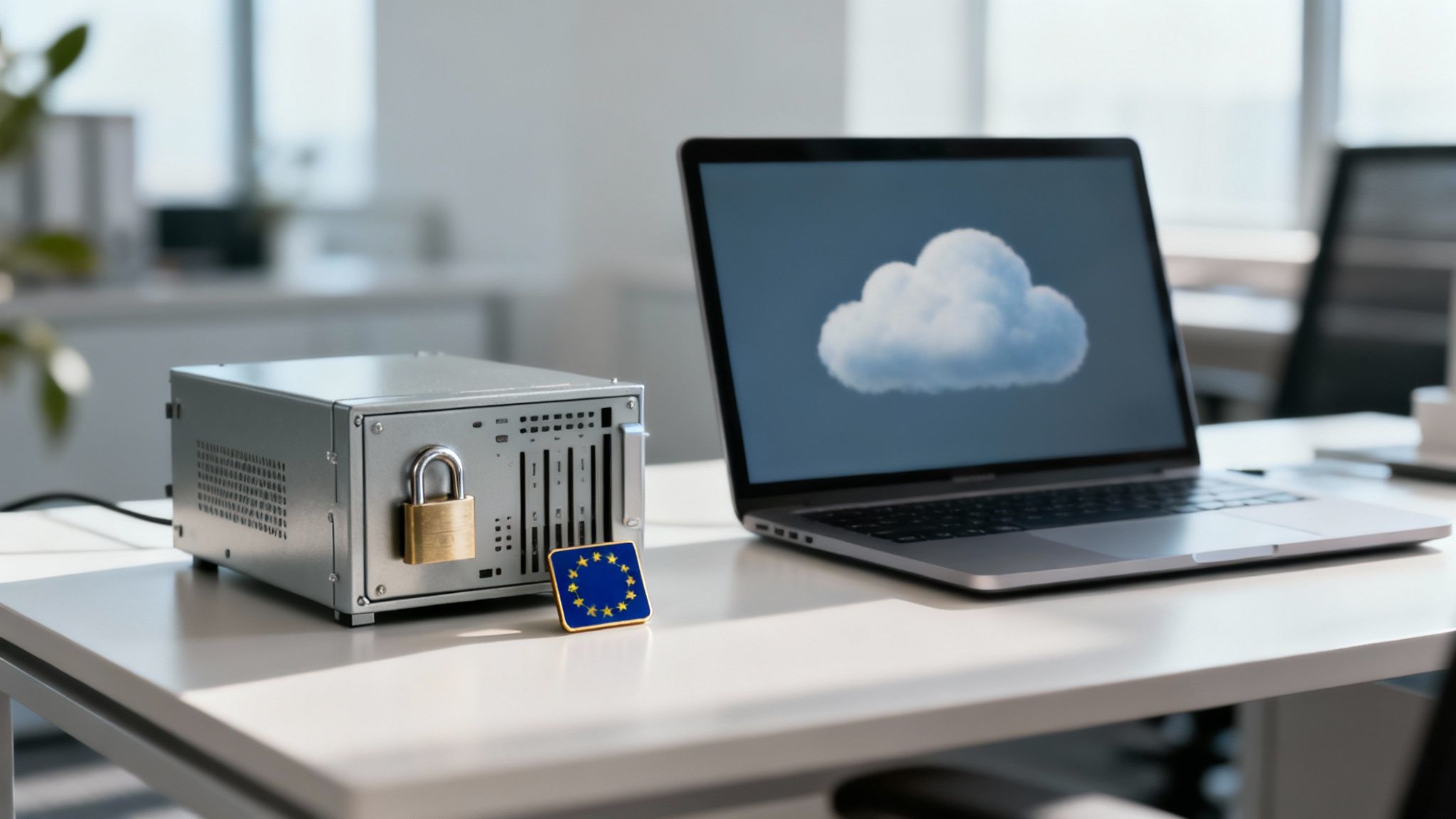 Ein gesperrter Server mit EU-Flagge und ein Laptop mit Cloud-Symbol symbolisieren Datensicherheit und Cloud-Computing.