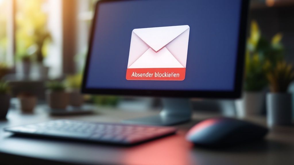 Ein rotes Warnschild mit einem Ausrufezeichen in einem Posteingang symbolisiert die Gefahr von Spam-E-Mails.