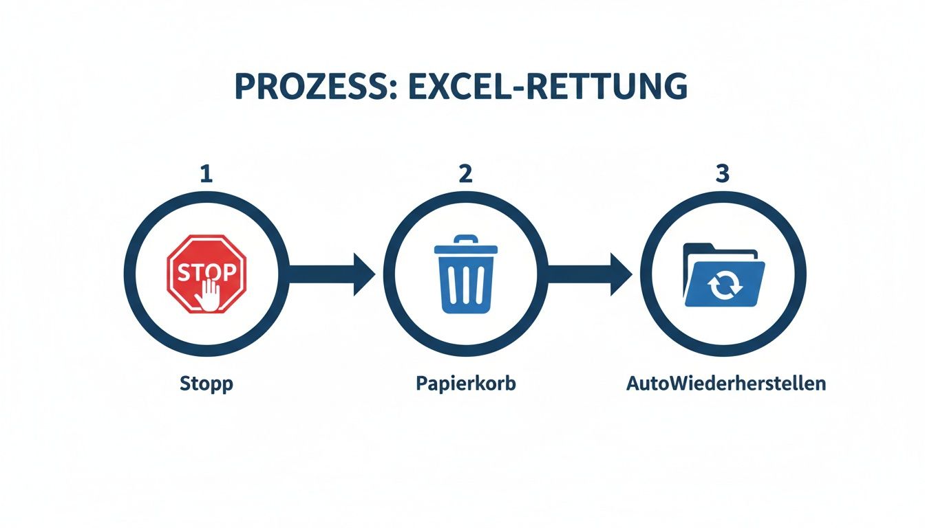 Flussdiagramm zur Excel-Rettung mit den Schritten Stopp, Papierkorb und AutoWiederherstellen.