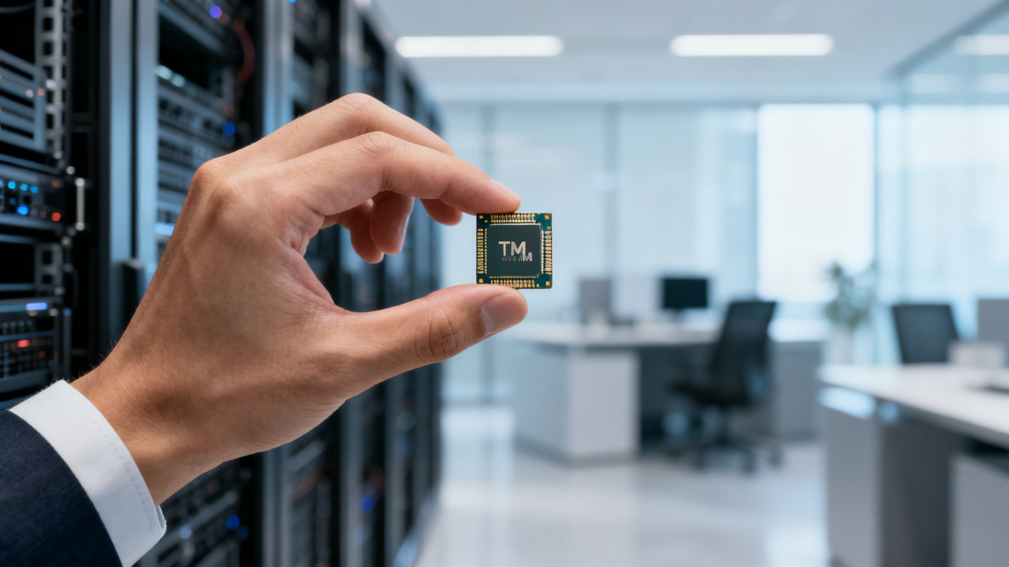 Nahaufnahme einer Hand, die einen kleinen Chip mit der Aufschrift „TM“ vor Serverracks und einem Büro hält.