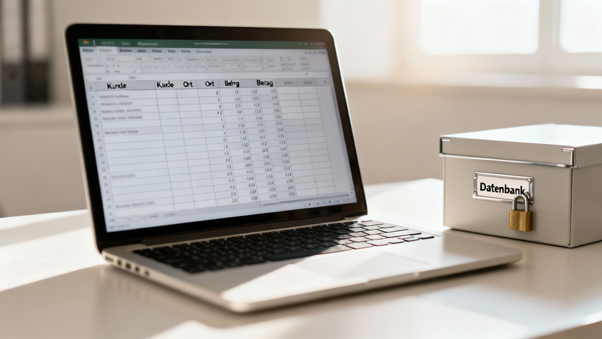 Laptop zeigt eine Excel-Tabelle. Daneben steht eine verschlossene Box mit der Aufschrift „Datenbank“.