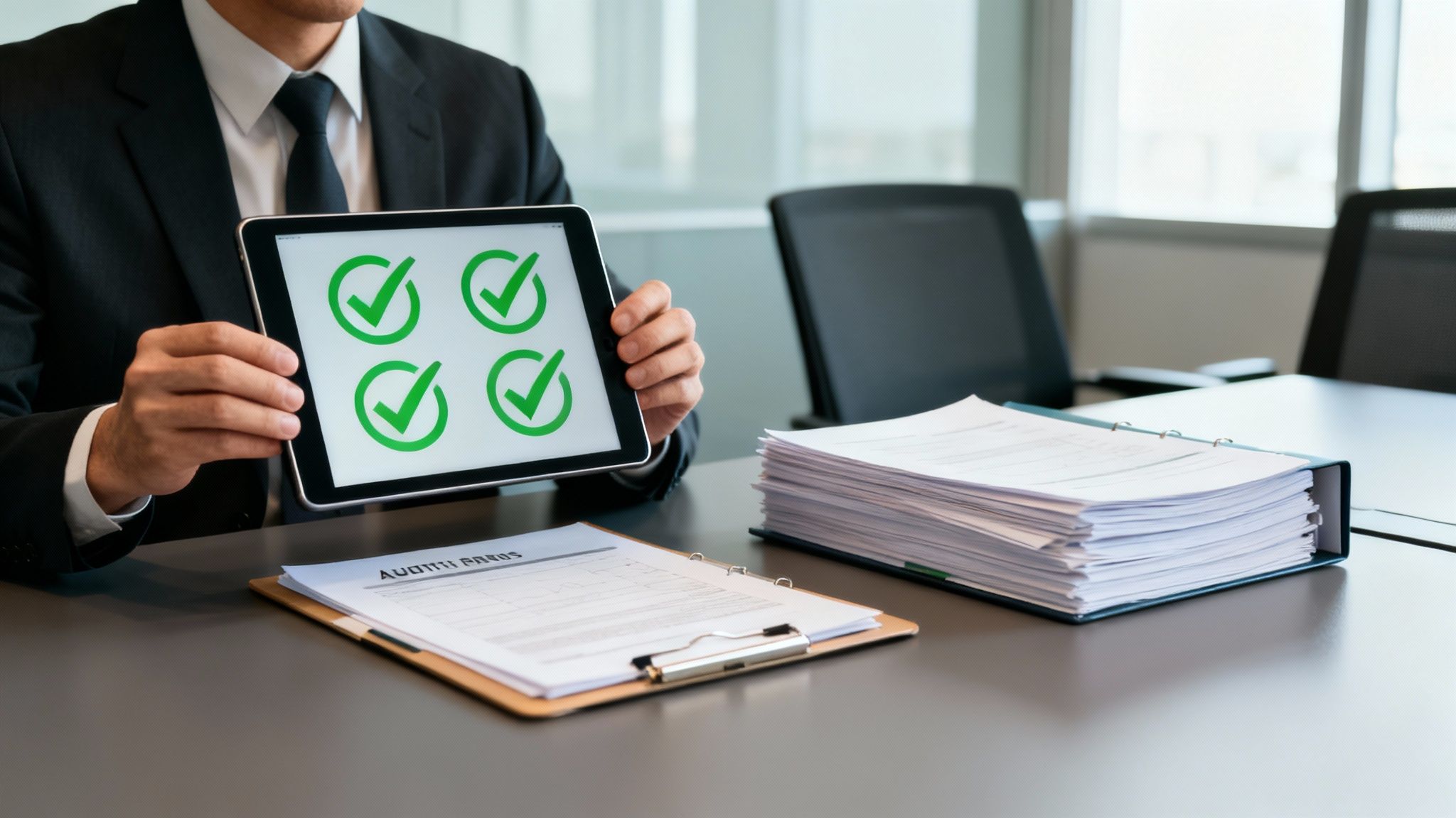 Ein Geschäftsmann hält ein Tablet mit grünen Häkchen. Auf dem Tisch liegen Dokumente und ein Aktenordner.