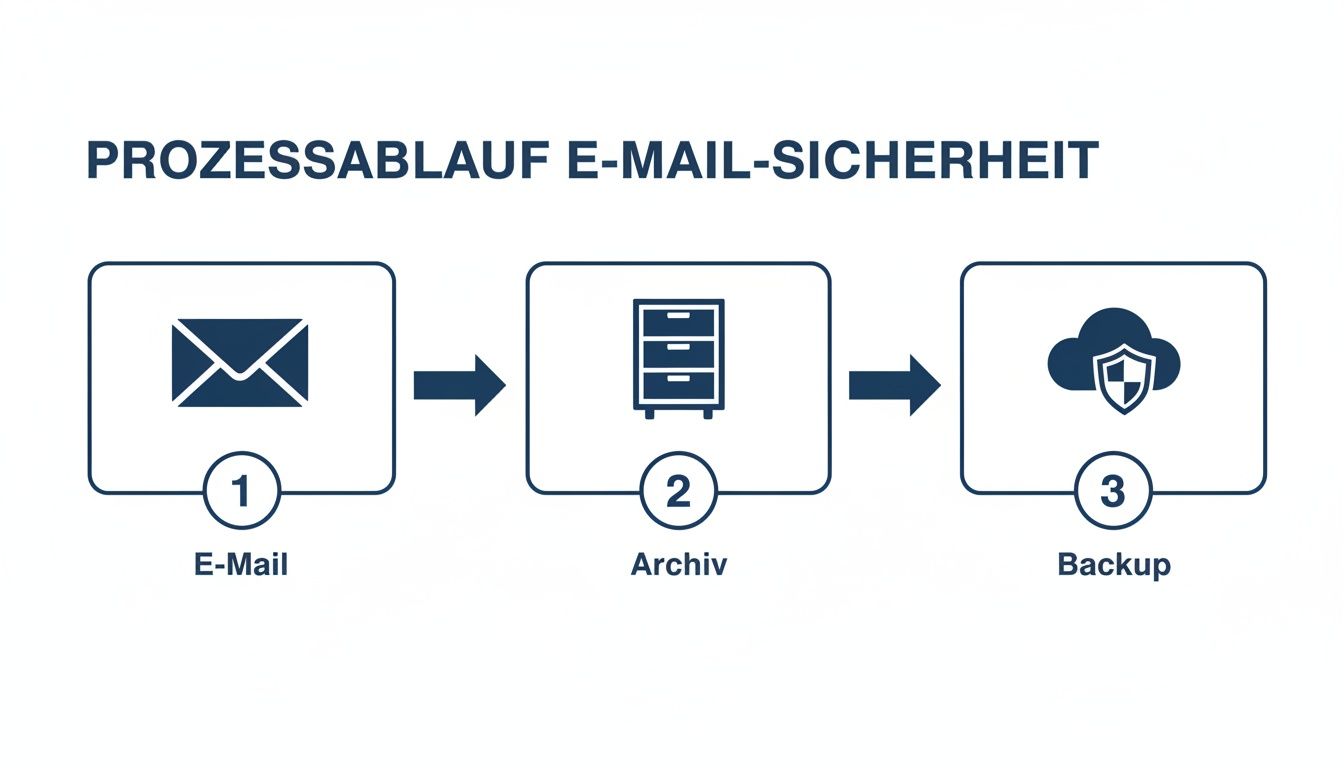 Infografik zeigt den Prozessablauf der E-Mail-Sicherheit: E-Mail, Archivierung und sicheres Backup in der Cloud.