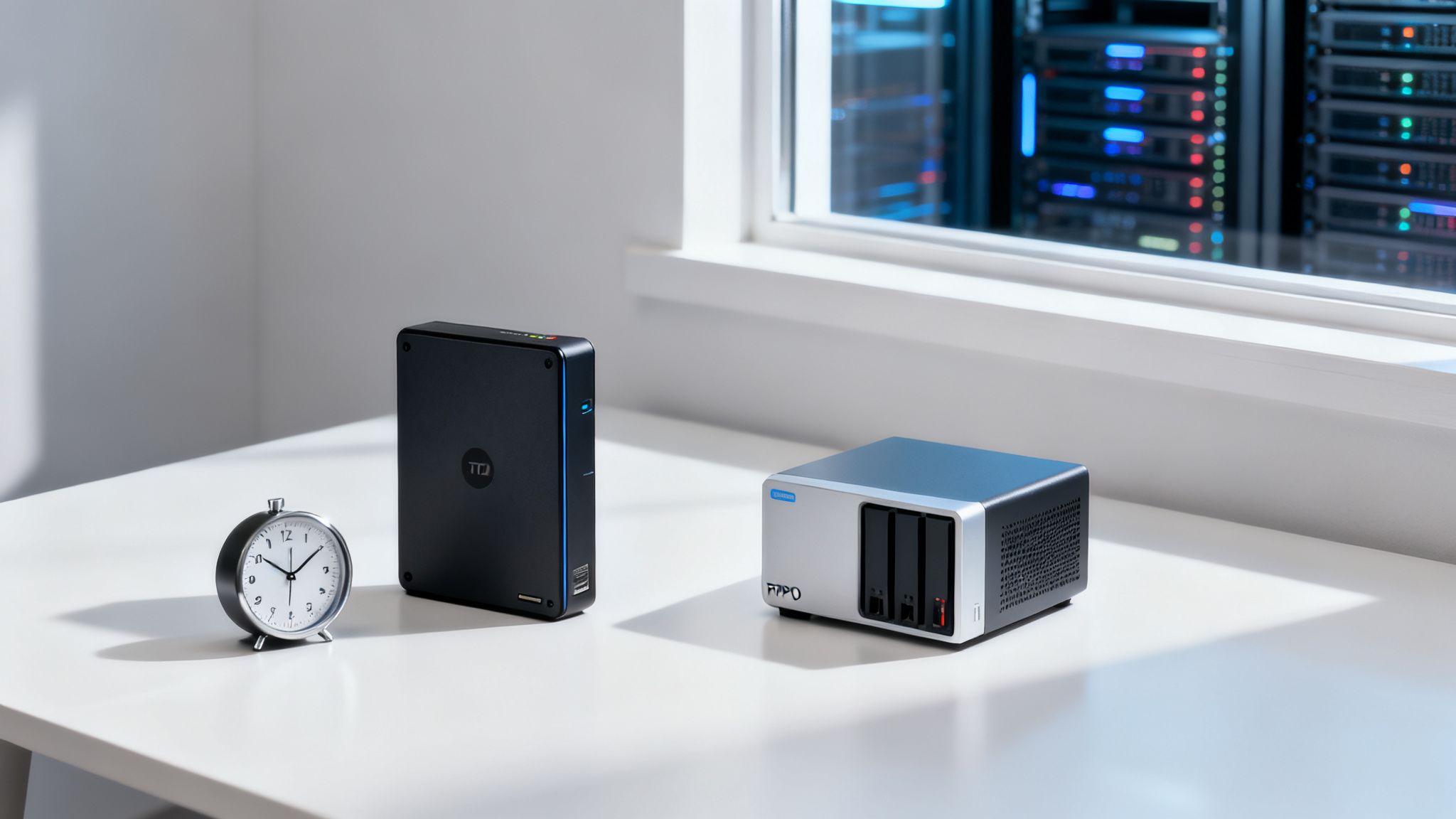 Ein Wecker, ein schwarzes Gerät und ein silbernes 4-Bay NAS auf einem weißen Tisch, mit einem Serverraum im Hintergrund.