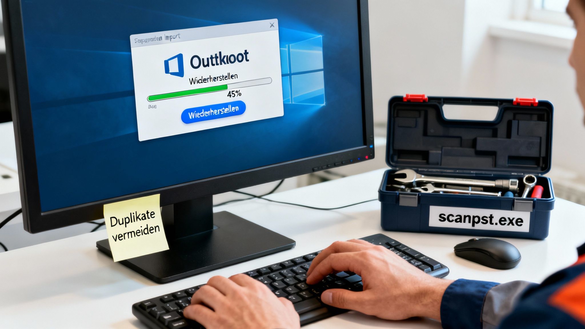 Techniker repariert Outlook-Dateien auf einem Computer, ein Wiederherstellungsfenster ist zu sehen, und ein Hinweis zu Duplikaten.
