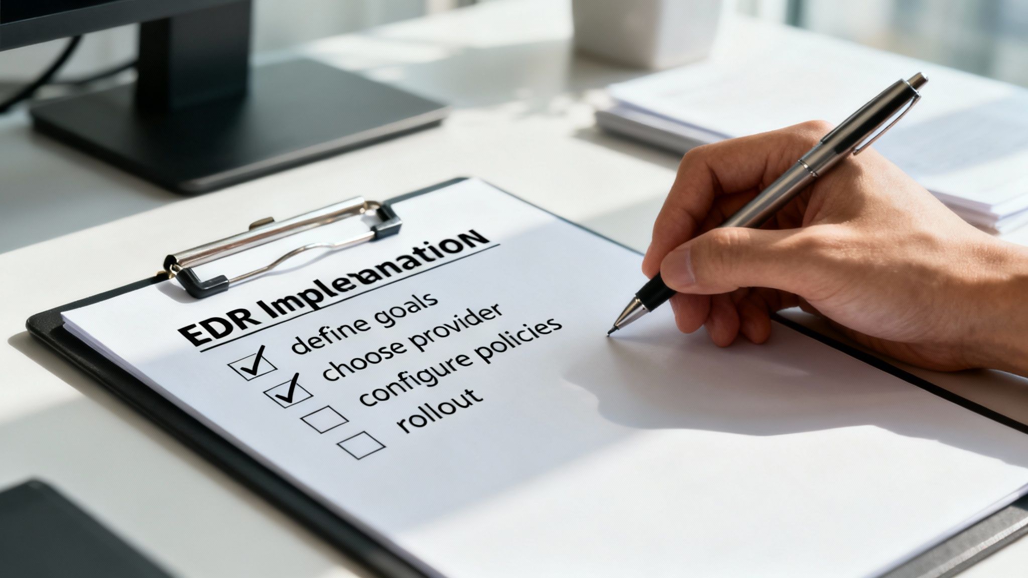 Eine Person arbeitet an einem Laptop und hakt Punkte auf einer Checkliste ab, im Hintergrund sind Serverracks zu sehen.