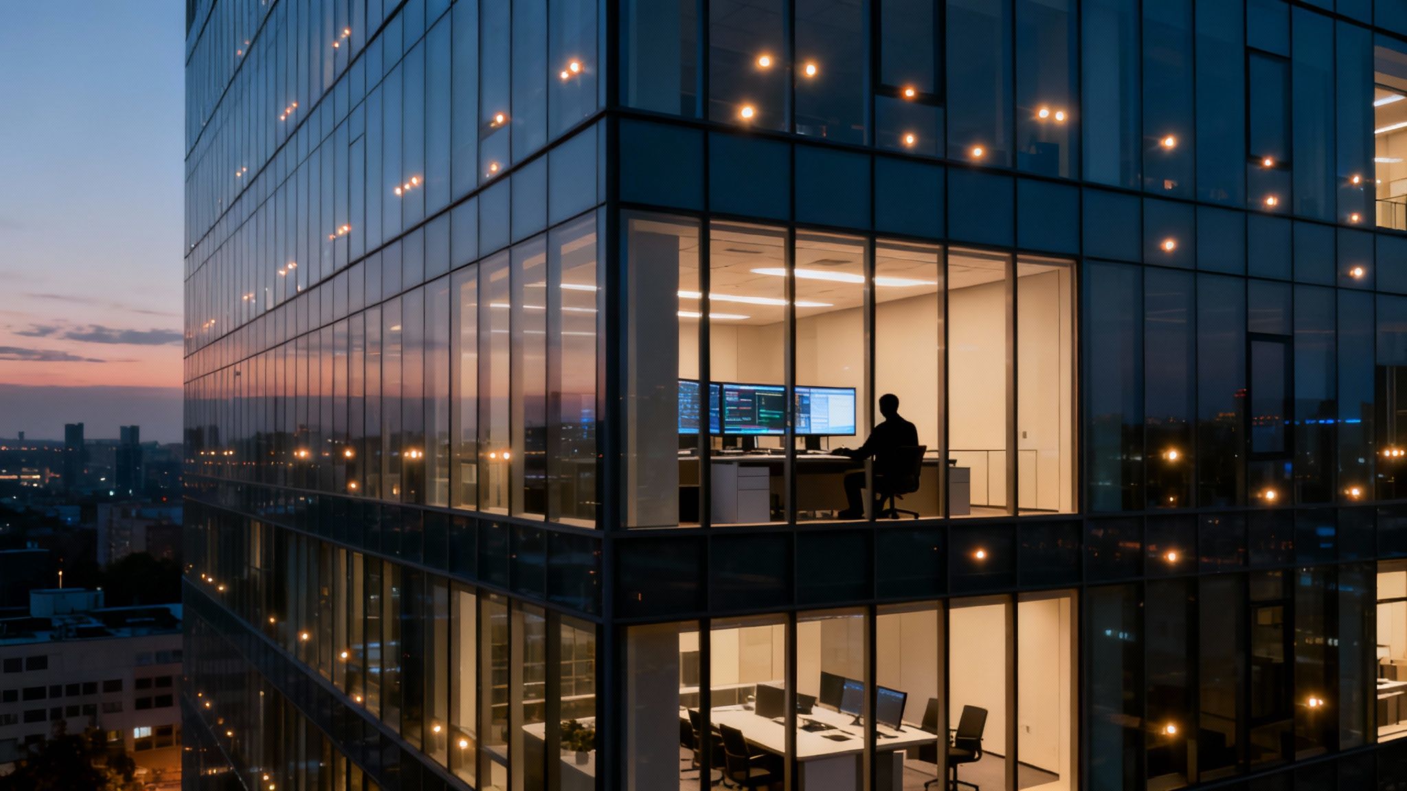Ein Mitarbeiter arbeitet nachts an mehreren Bildschirmen in einem modernen Bürogebäude mit Glasfassade und Stadtblick bei Sonnenuntergang.