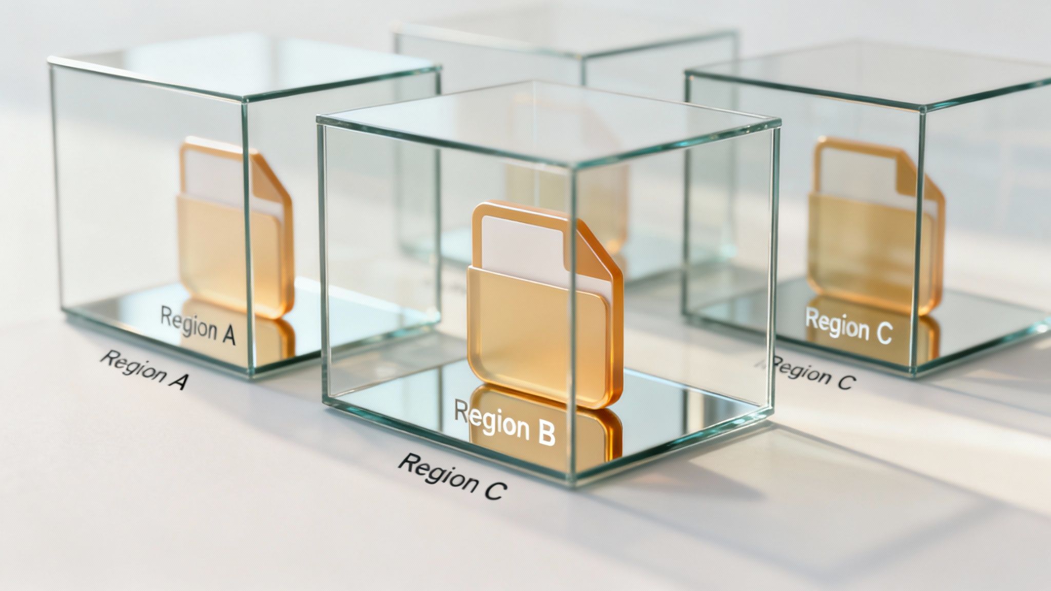 Drei transparente Glaswürfel mit orangefarbenen Cloud-Speicher-Symbolen, die verschiedene Regionen A, B und C repräsentieren