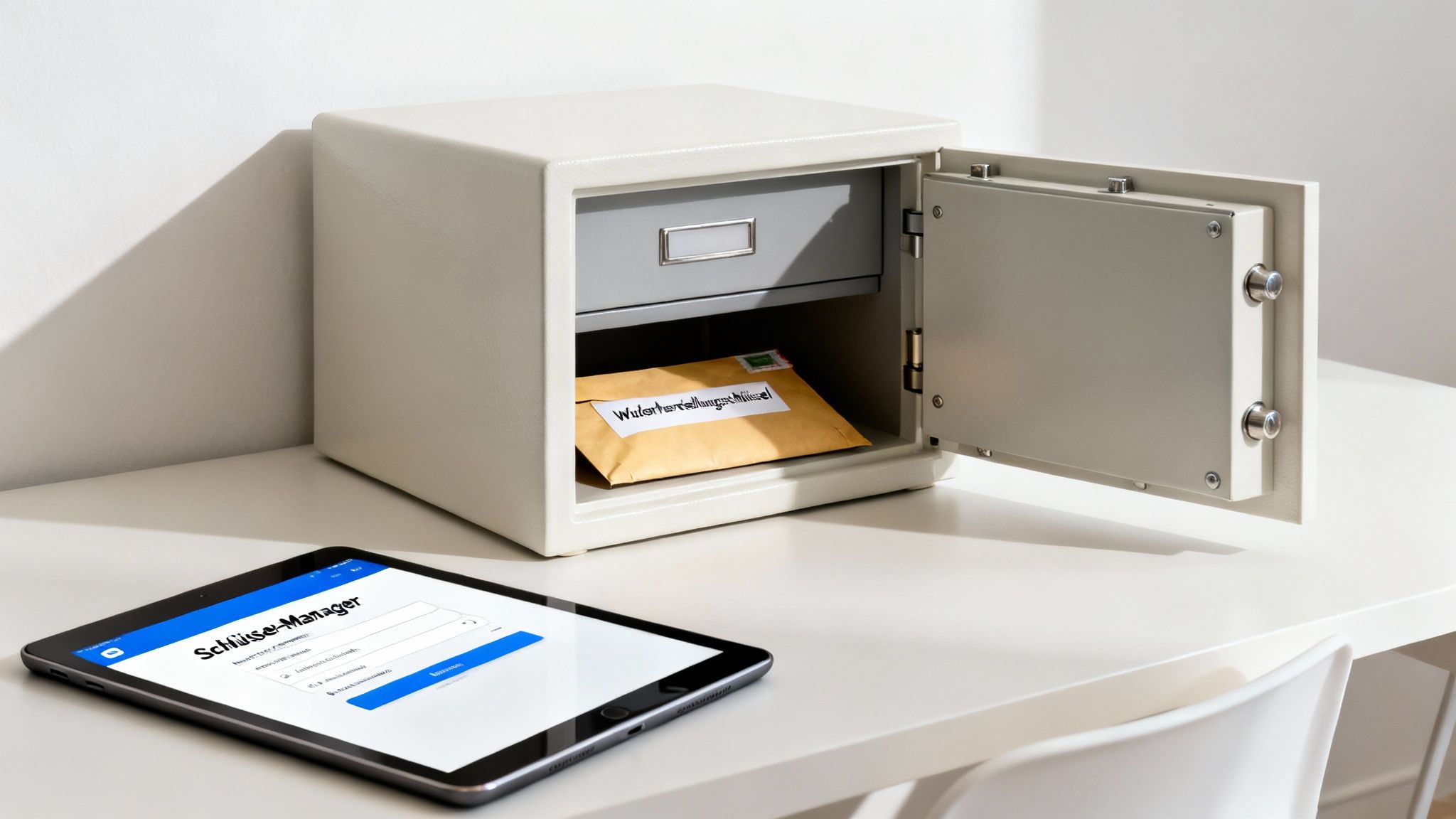 Ein geöffneter Tresor mit einem Umschlag und einem Tablet mit Schlüssel-Manager-App auf einem Schreibtisch.