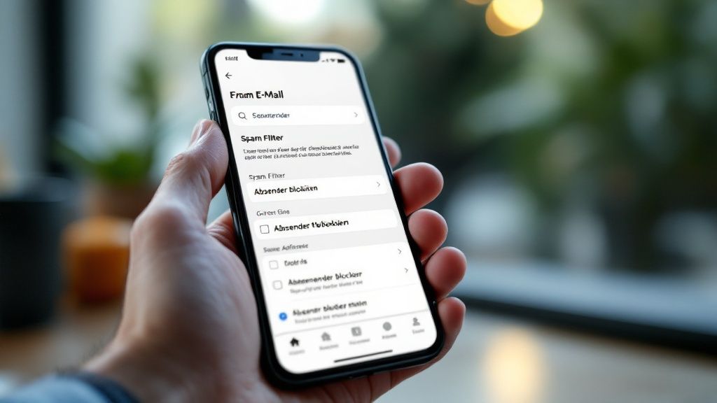 Eine schematische Darstellung der Outlook-Benutzeroberfläche zeigt, wie ein Nutzer eine E-Mail auswählt, um den Absender zu blockieren.