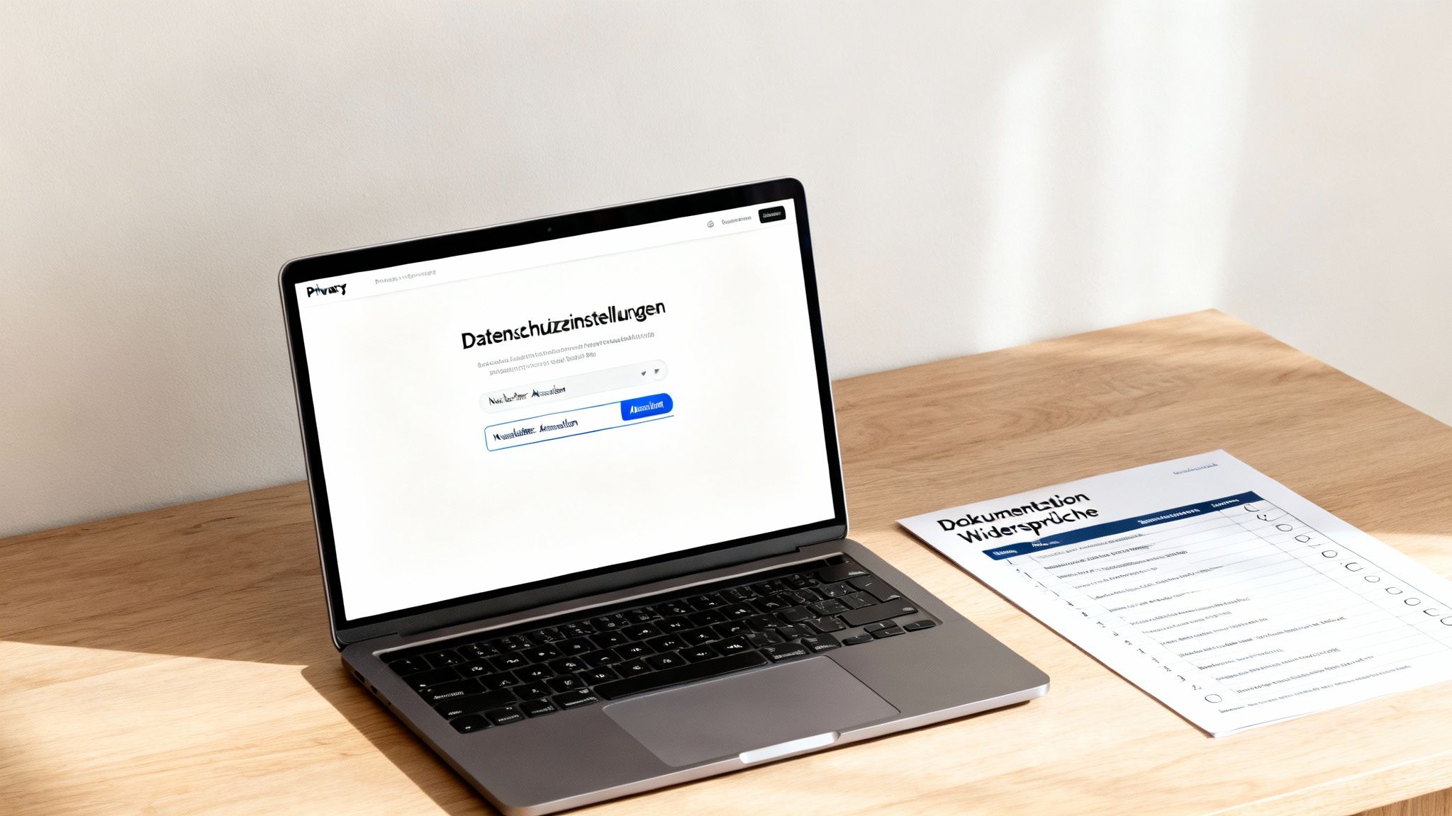 Ein Laptop zeigt Datenschutzeinstellungen, daneben liegt ein Formular zur Dokumentation von Widersprüchen auf einem Schreibtisch.
