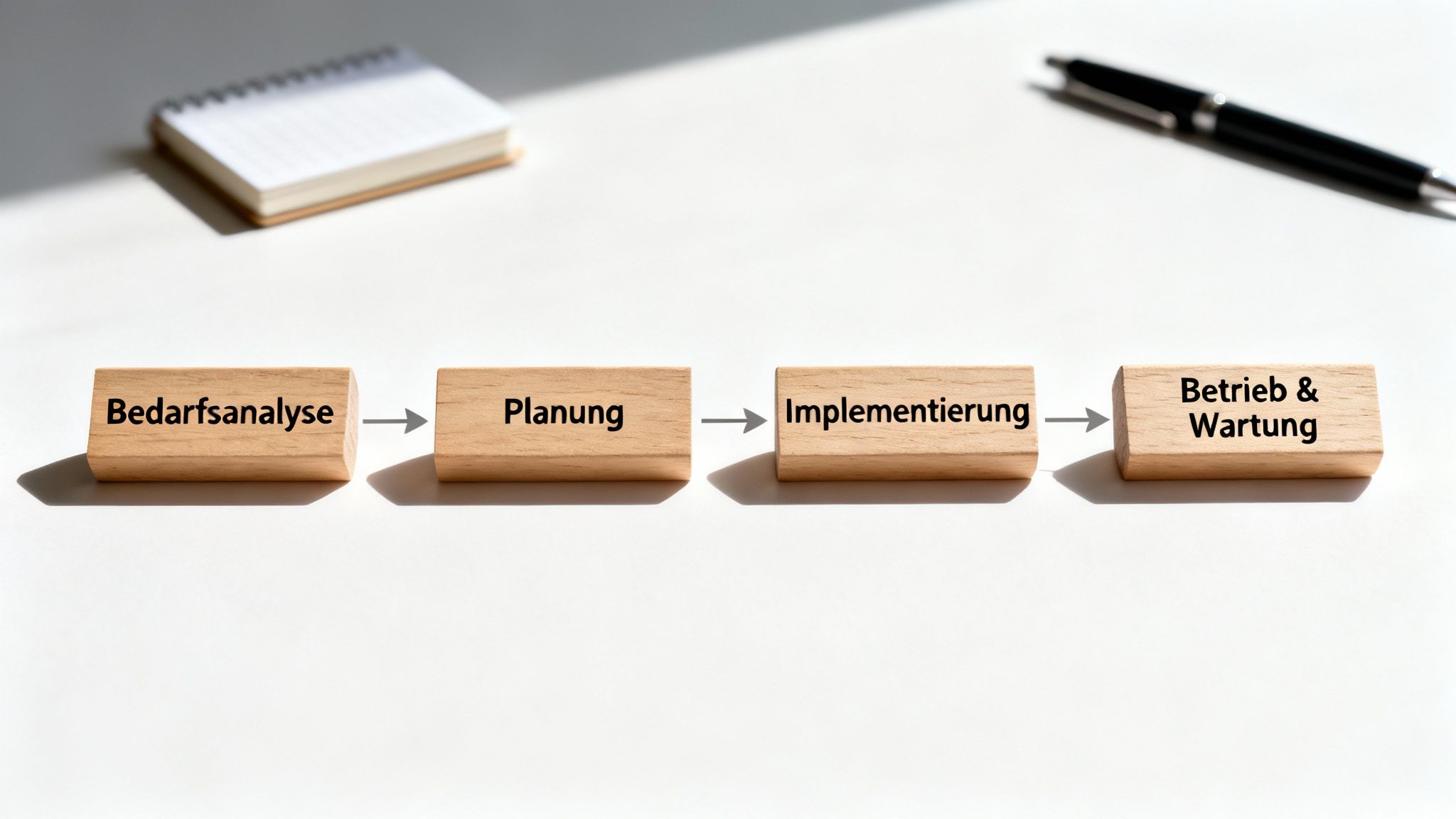 Vier Holzklötze zeigen den Prozess von Bedarfsanalyse, Planung, Implementierung bis Betrieb und Wartung.
