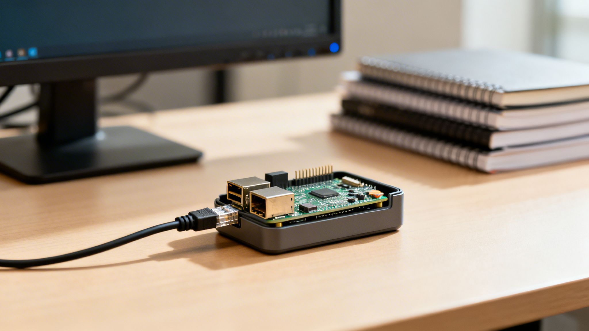 Ein Raspberry Pi in einem Gehäuse mit angeschlossenem Ethernetkabel auf einem Holzschreibtisch, daneben ein Monitor und Notizbücher.