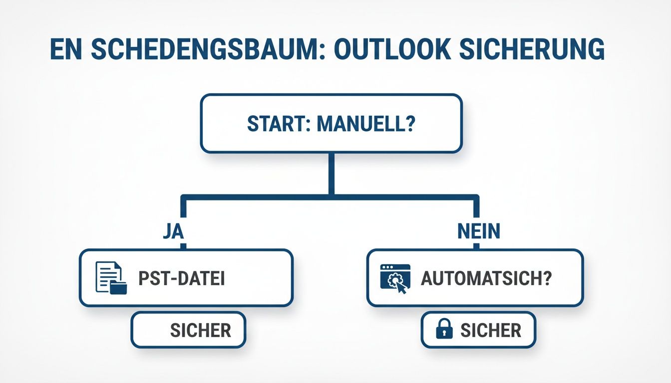 Ein Entscheidungsbaum zur Outlook-Sicherung, der manuelle PST-Dateisicherung oder automatische Sicherung als sichere Optionen darstellt.