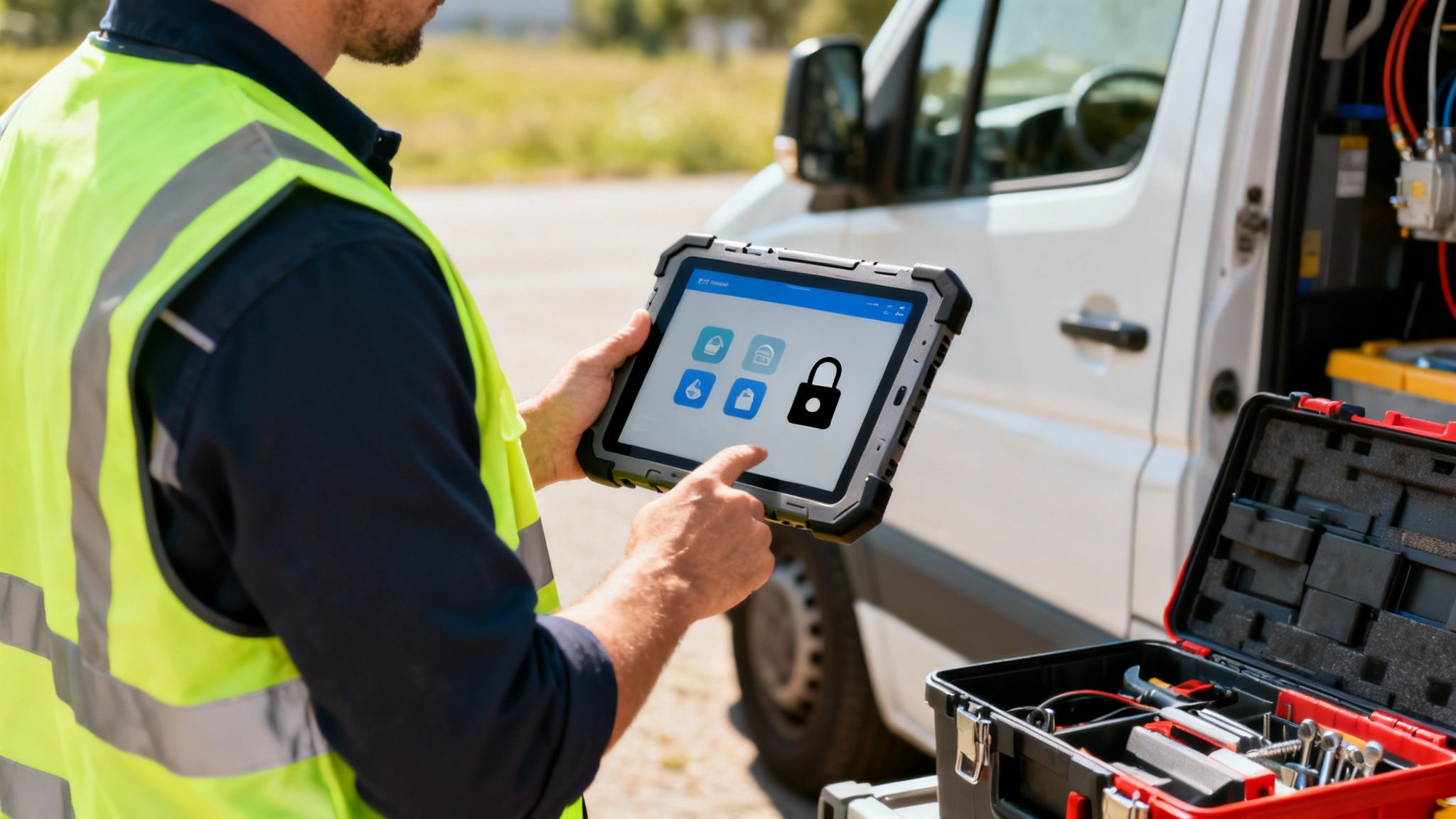 Ein Techniker in Warnweste bedient ein robustes Tablet zur Steuerung von Gerätesoftware und Sicherheitssystemen vor einem Servicefahrzeug.