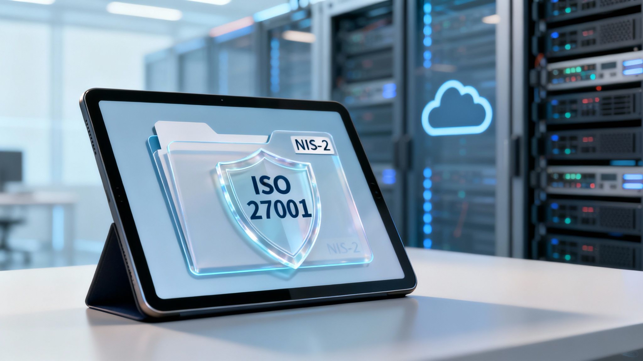 Tablet zeigt Ordner mit ISO 27001 und NIS-2 Logos in einem Serverraum, symbolisiert Datensicherheit und Compliance.