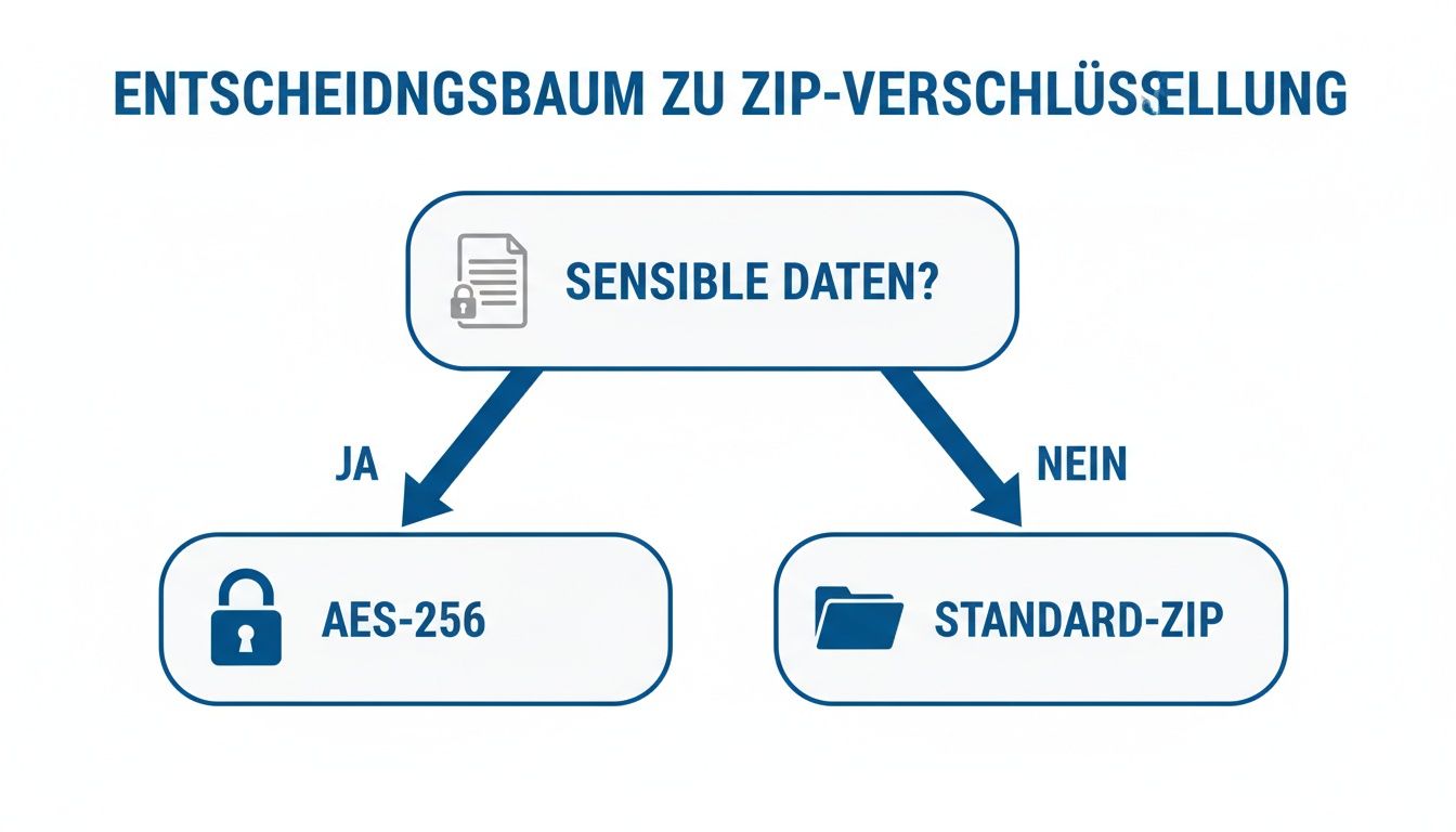 Entscheidungsbaum zur ZIP-Verschlüsselung: Sensible Daten werden mit AES-256 geschützt, andere mit Standard-ZIP.