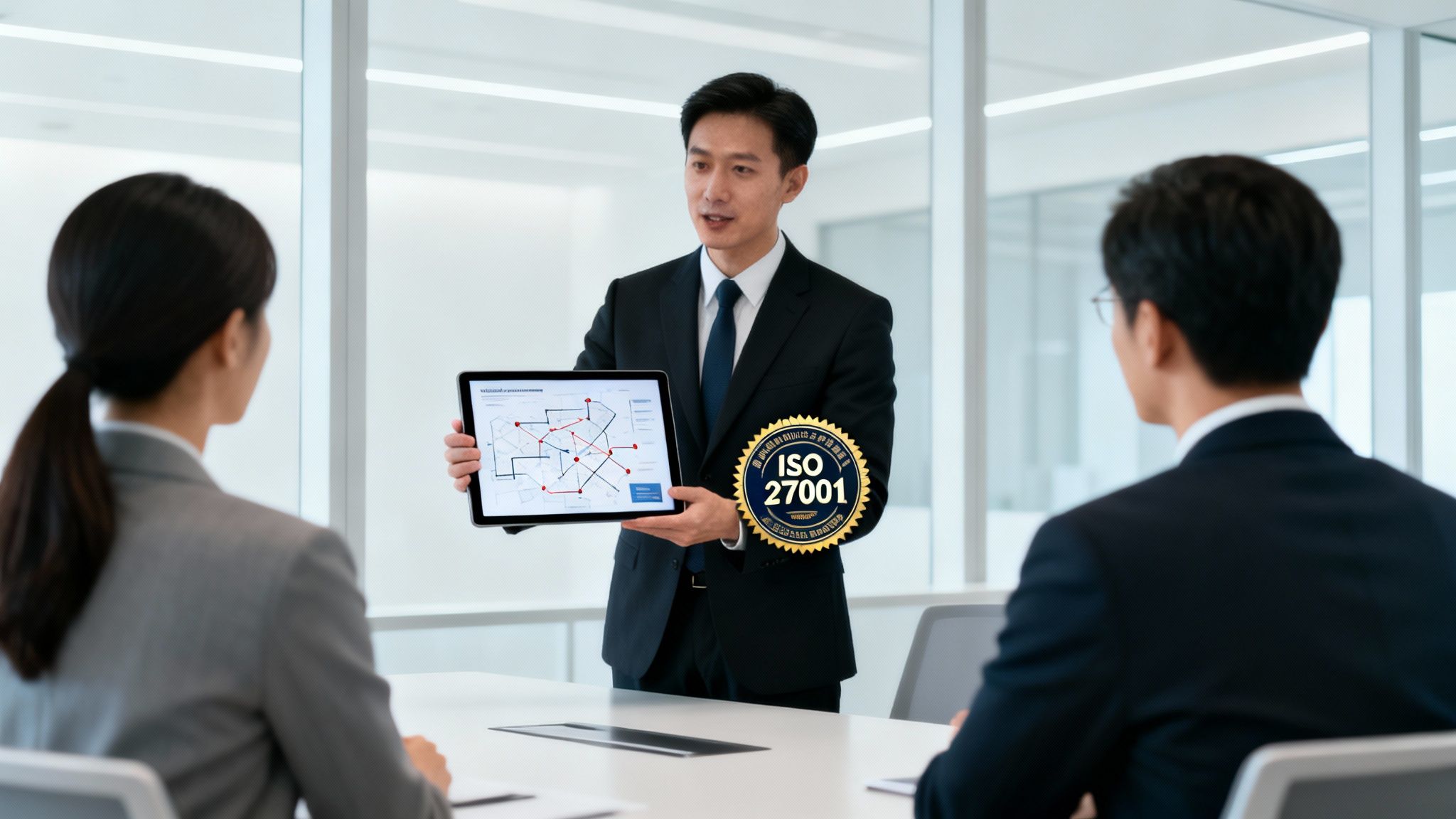 Ein Geschäftsmann präsentiert eine ISO 27001-Zertifizierung und ein Diagramm auf einem Tablet in einem modernen Büro.