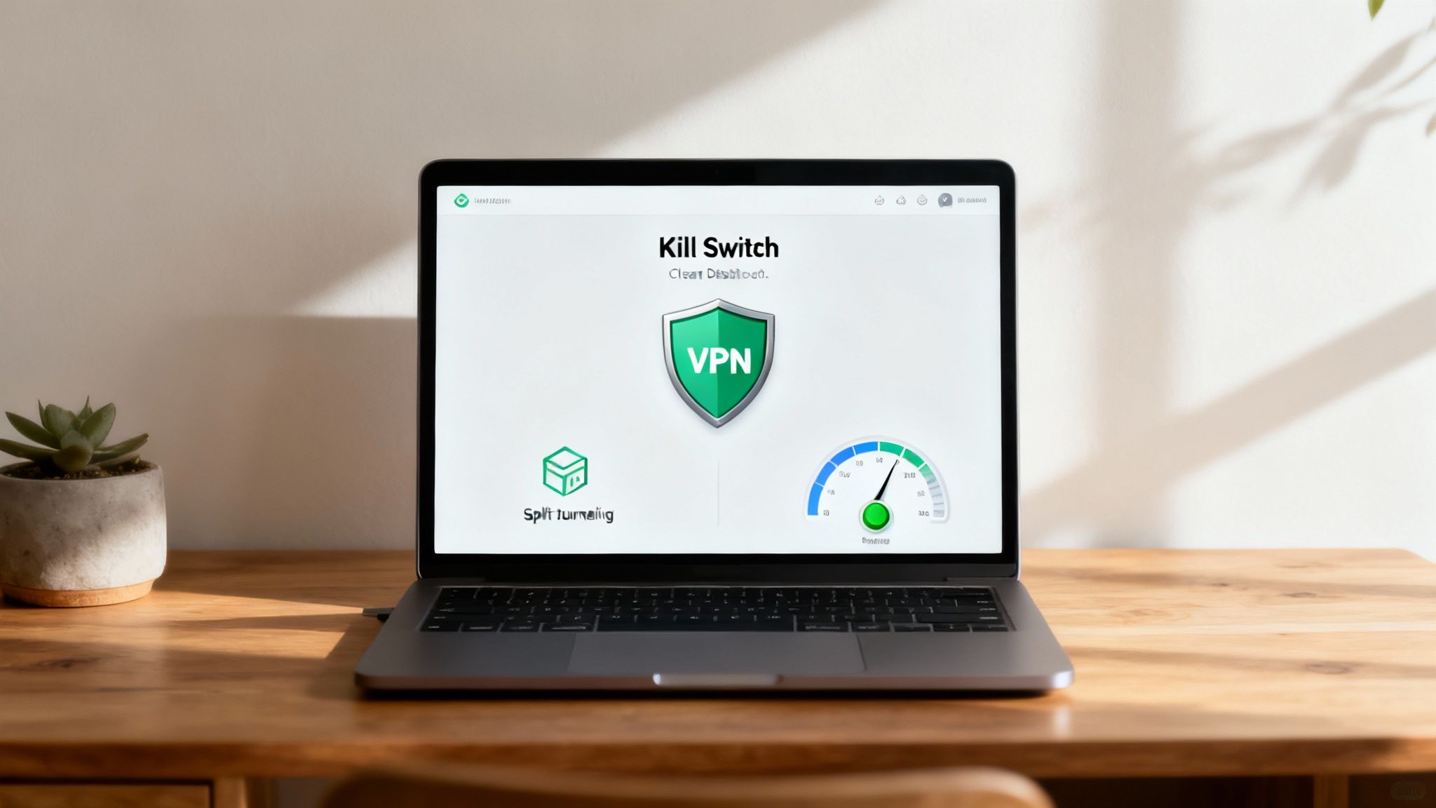 Laptop zeigt VPN Kill Switch Interface mit Split Tunneling und Geschwindigkeitsanzeige auf Holztisch