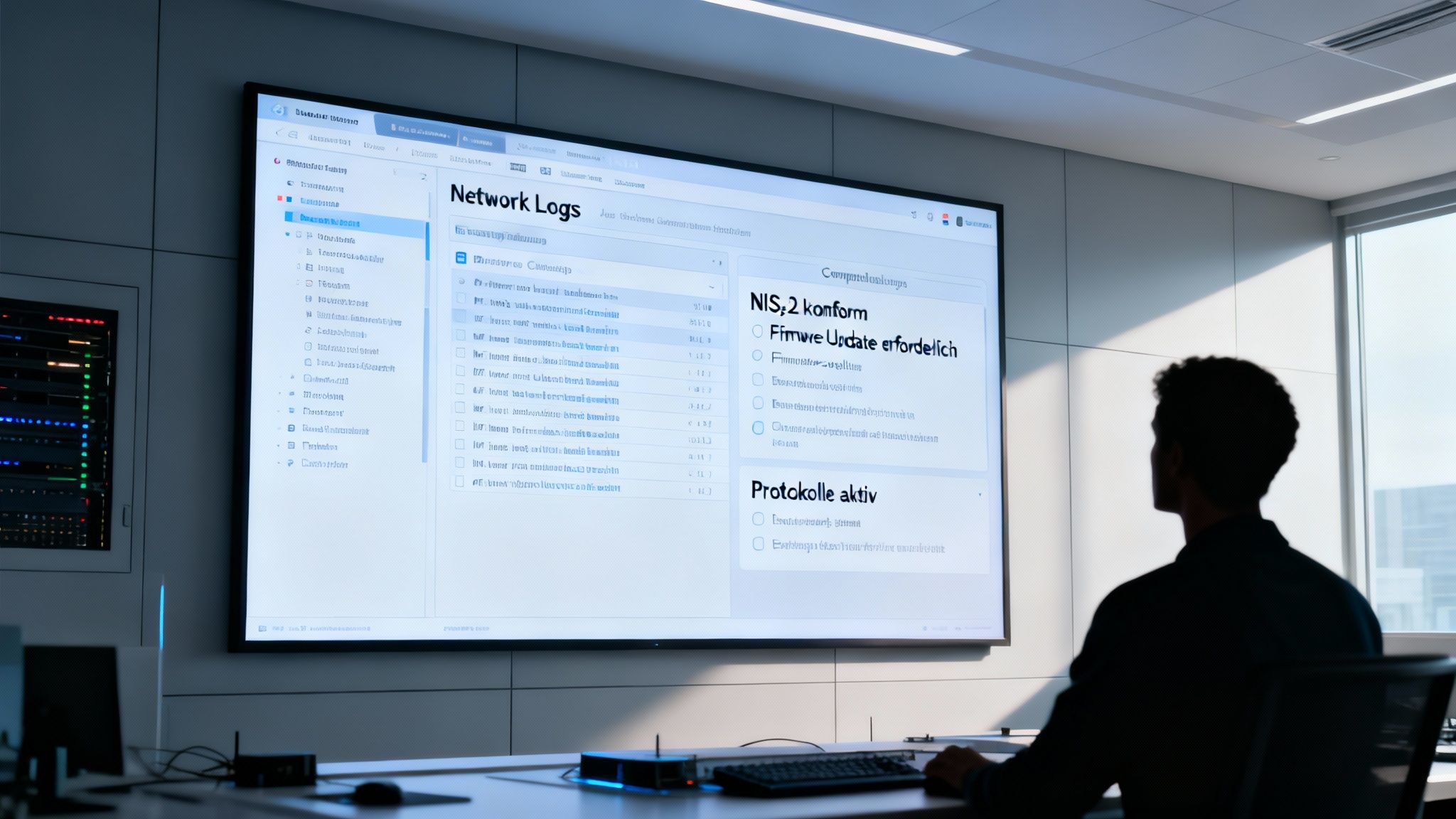 Eine Person betrachtet auf einem großen Bildschirm Netzwerkprotokolle und den NIS 2 Konformitätsstatus in einem IT-Büro.
