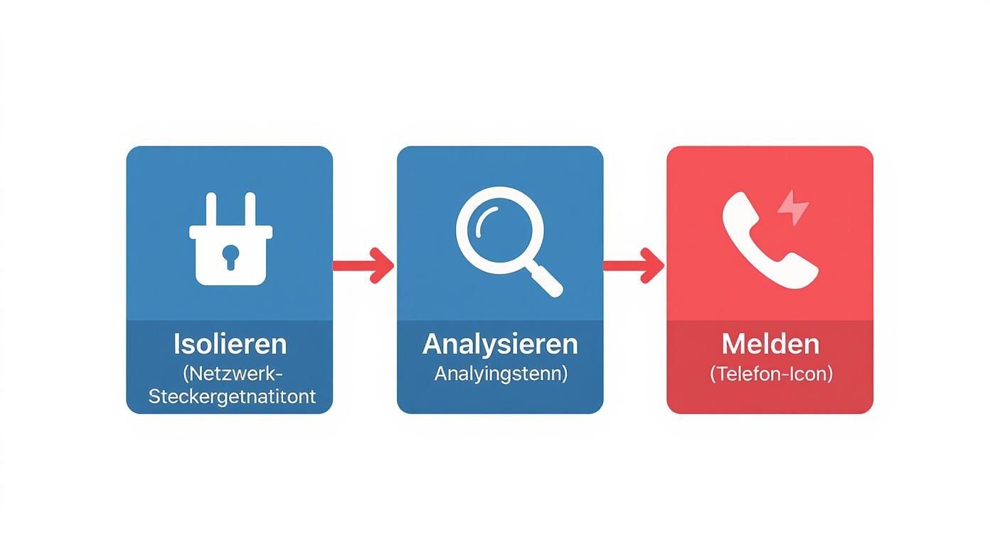 Flussdiagramm mit drei Schritten zur Reaktion auf einen Sicherheitsvorfall: Isolieren, Analysieren, Melden.
