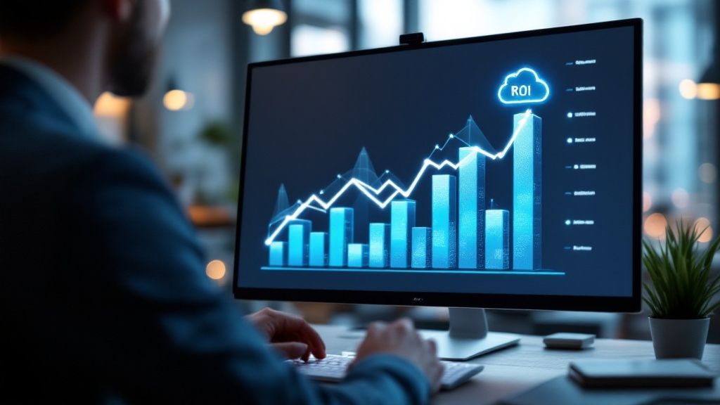Eine Grafik, die die Vorteile von Cloud-Lösungen wie Kosteneffizienz, Skalierbarkeit und Sicherheit darstellt.