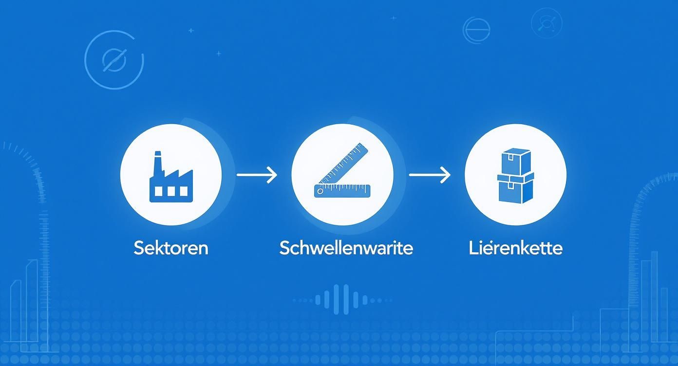 Flussdiagramm mit drei Schritten: Sektoren (Fabrik), Schwellenwarite (Lineal) und Lierienkette (Pakete).