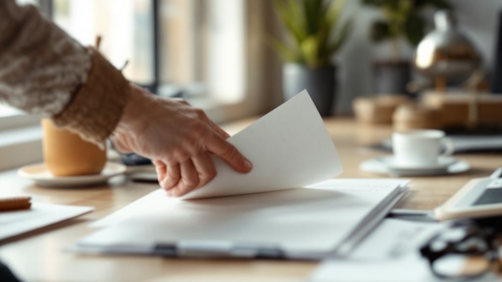 Eine Person, die mit einem Mikrofasertuch und einer Sprühflasche einen Holzschreibtisch reinigt.
