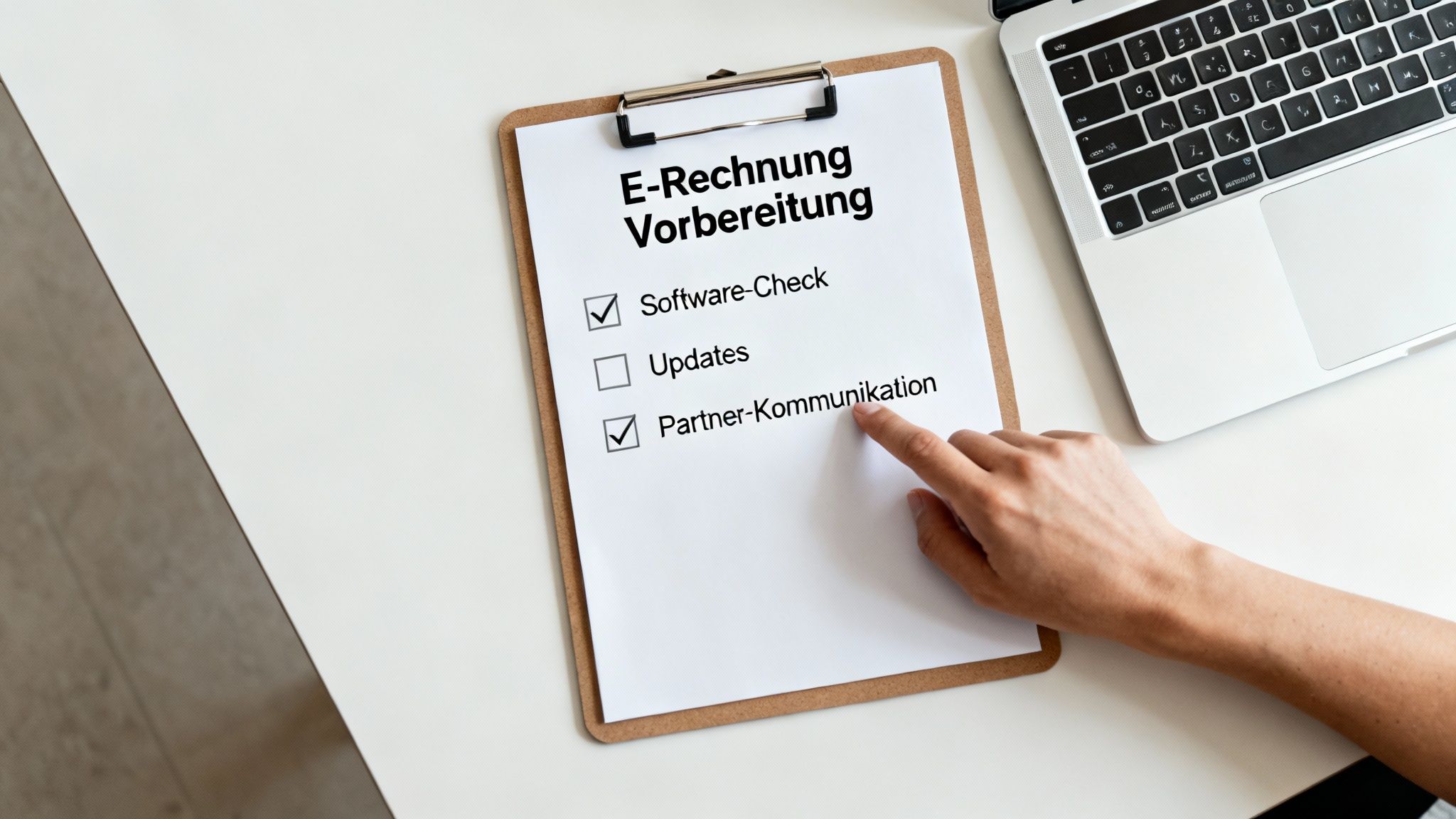 Eine Person sitzt an einem Schreibtisch und plant die Umstellung auf die E-Rechnung.