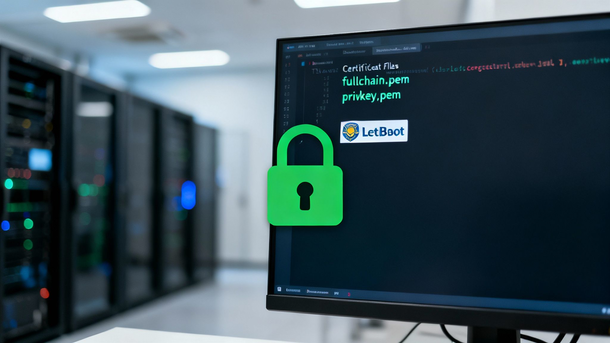 Computerbildschirm mit Zertifikatsdateien, grünem Vorhängeschloss und Servern in einem Rechenzentrum.