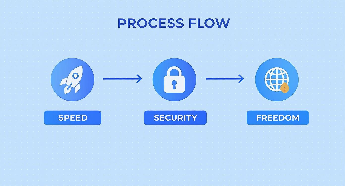 Prozessablauf-Diagramm zeigt drei Schritte: Geschwindigkeit mit Rakete, Sicherheit mit Schloss und Freiheit mit Globus-Symbol
