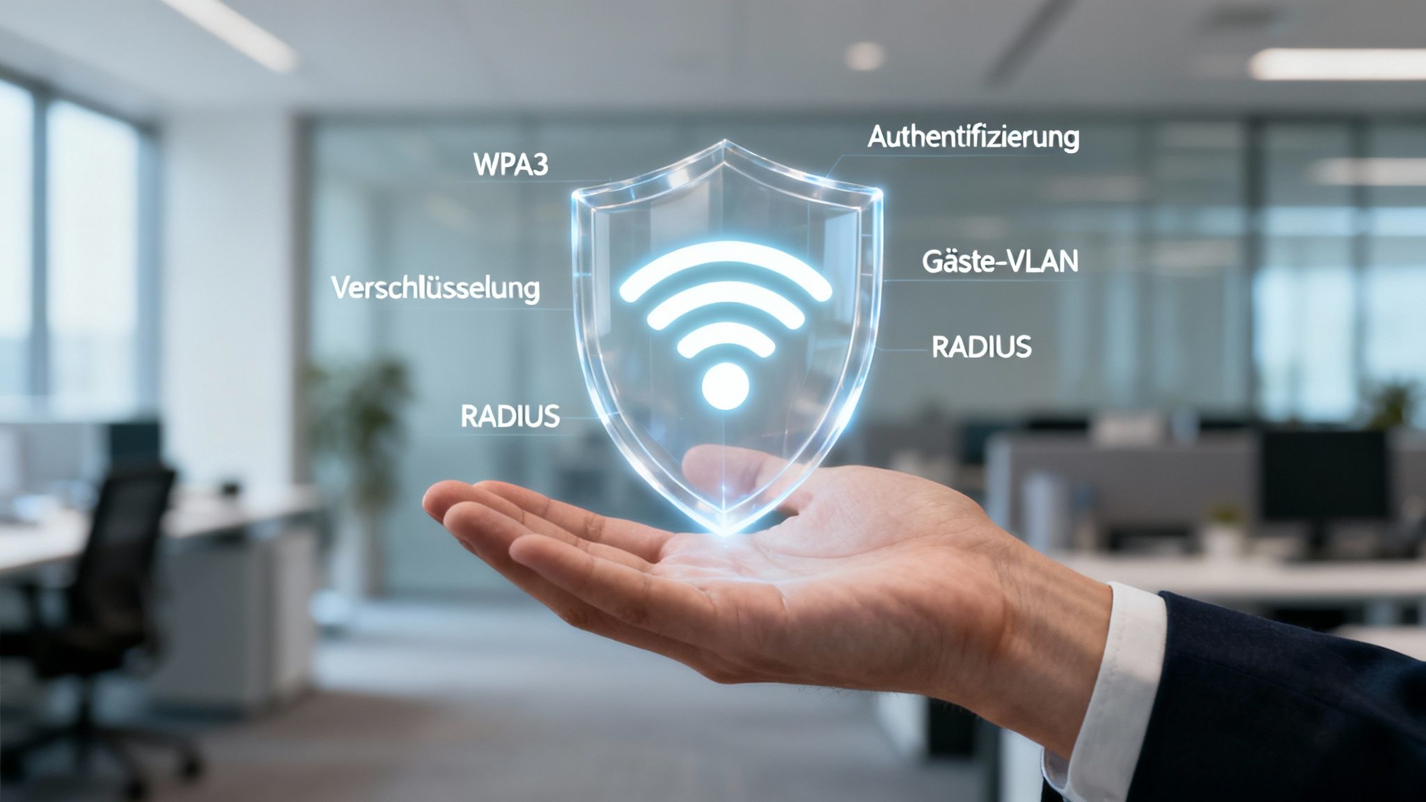 Hand hält leuchtendes WLAN-Schild mit Begriffen wie WPA3, Verschlüsselung und Authentifizierung, symbolisiert WLAN-Sicherheit.