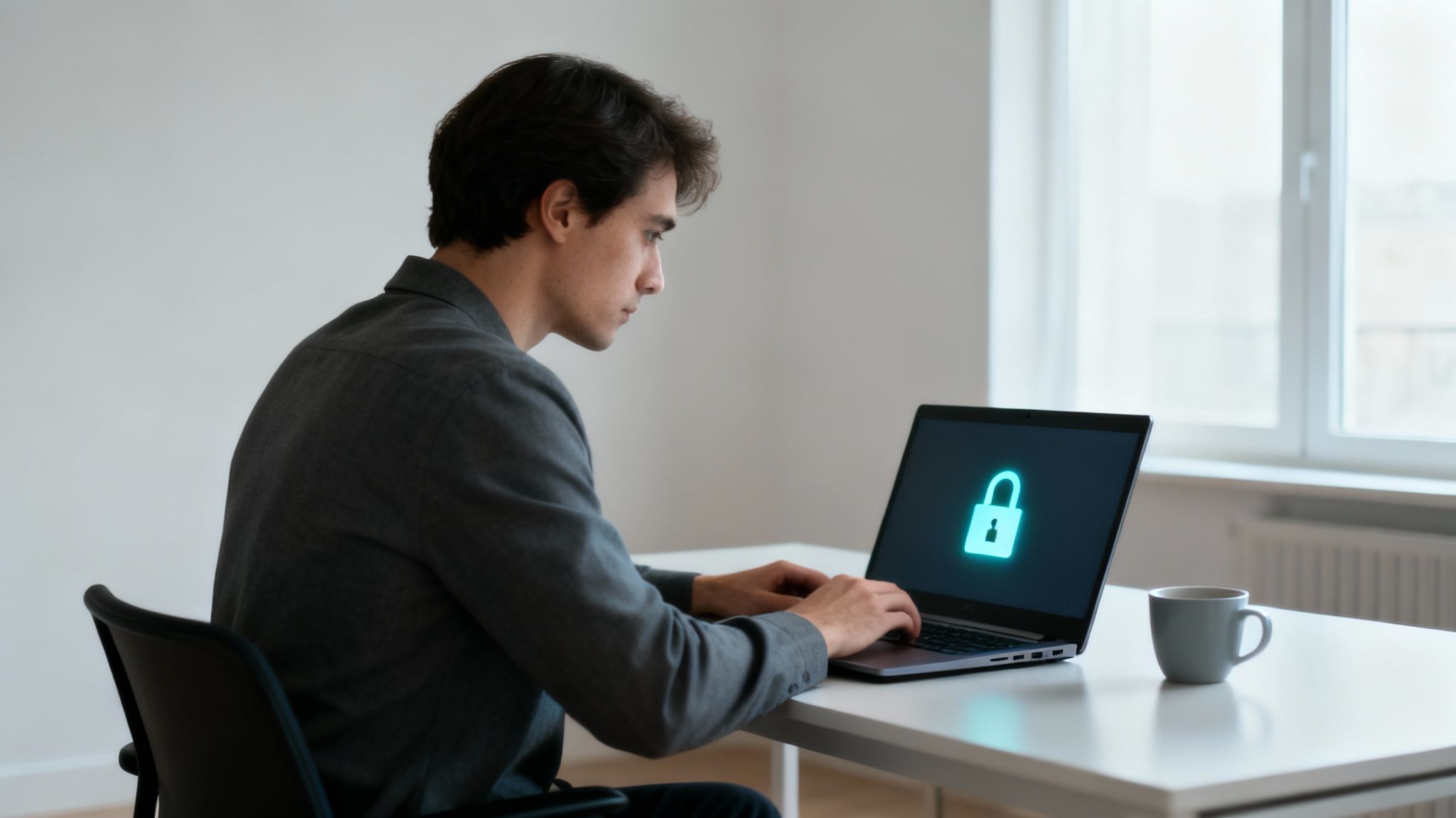 Eine Person arbeitet an einem Laptop mit einer visualisierten sicheren Verbindung zu einem Firmennetzwerk im Hintergrund.